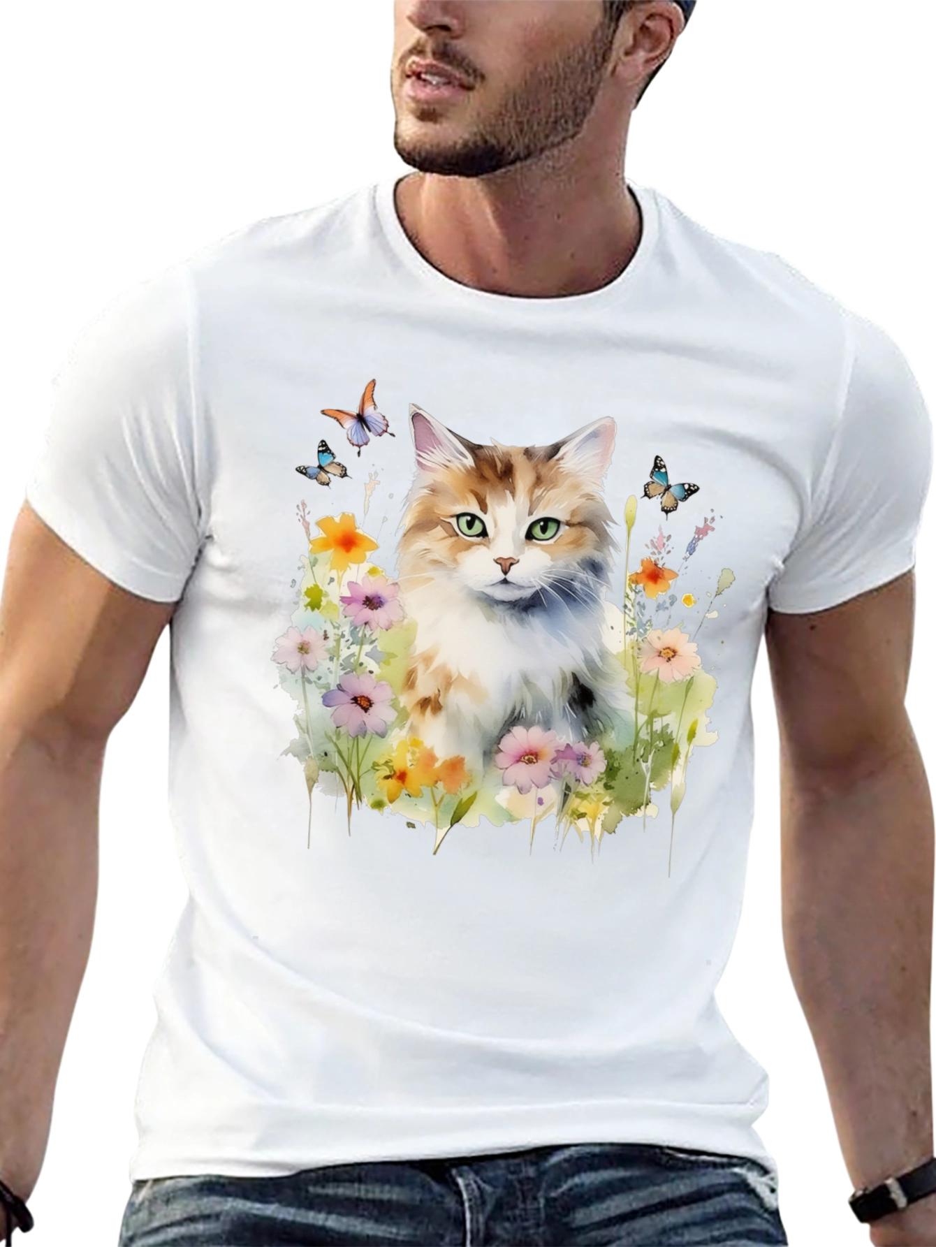 Cat & Flower Graphic Tee - Black