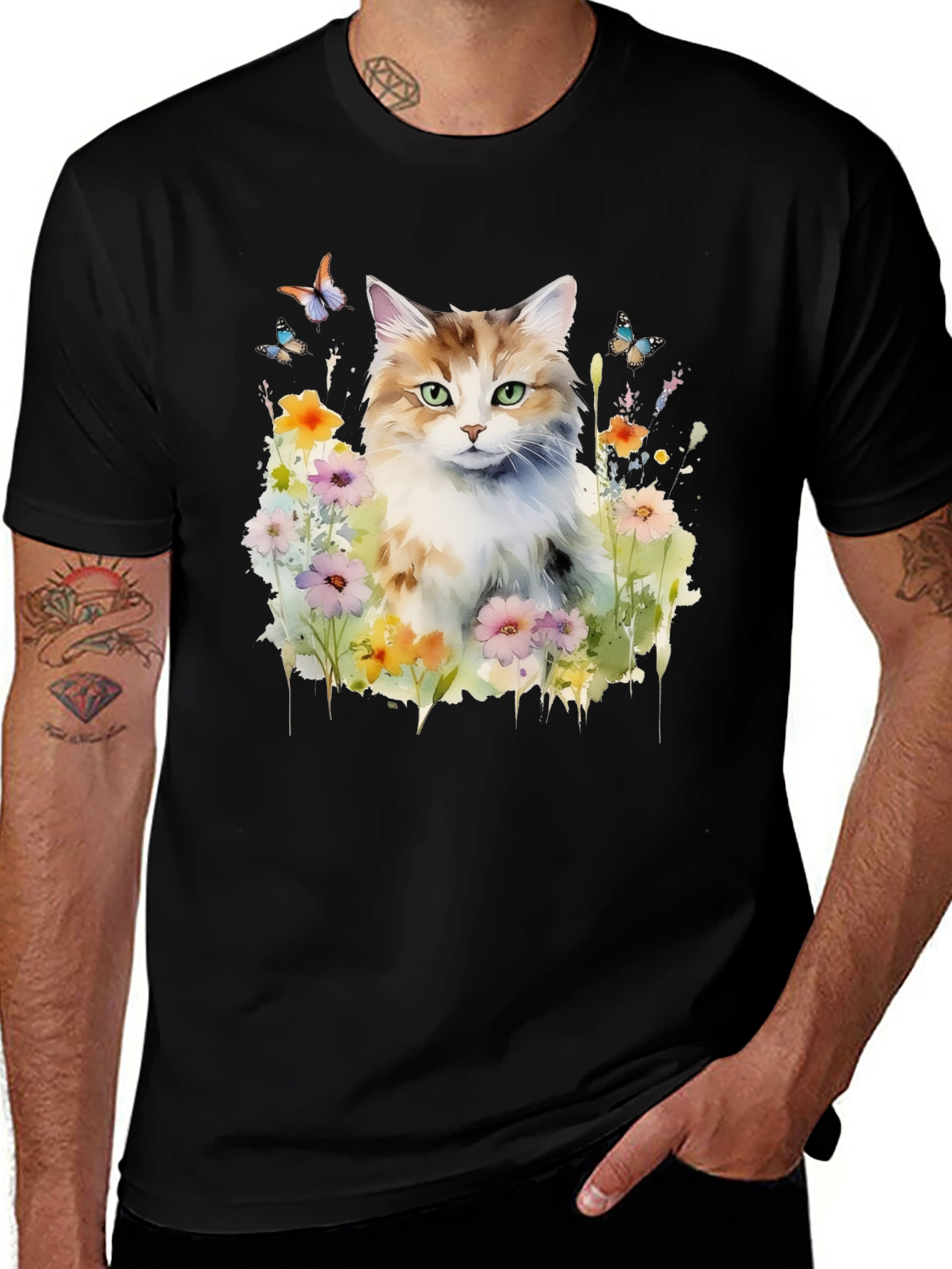 Cat & Flower Graphic Tee - Black