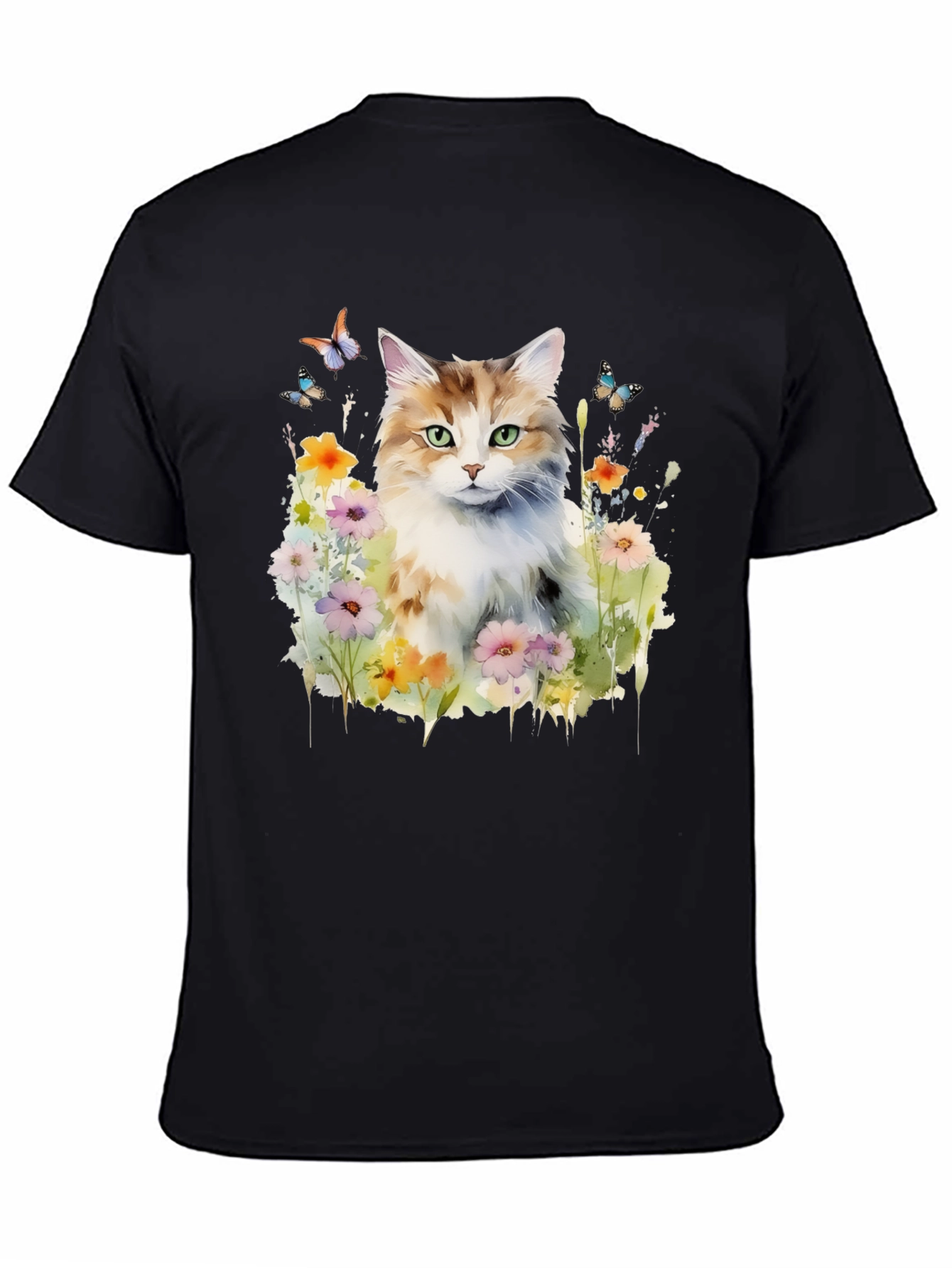 Cat & Flower Graphic Tee - Black
