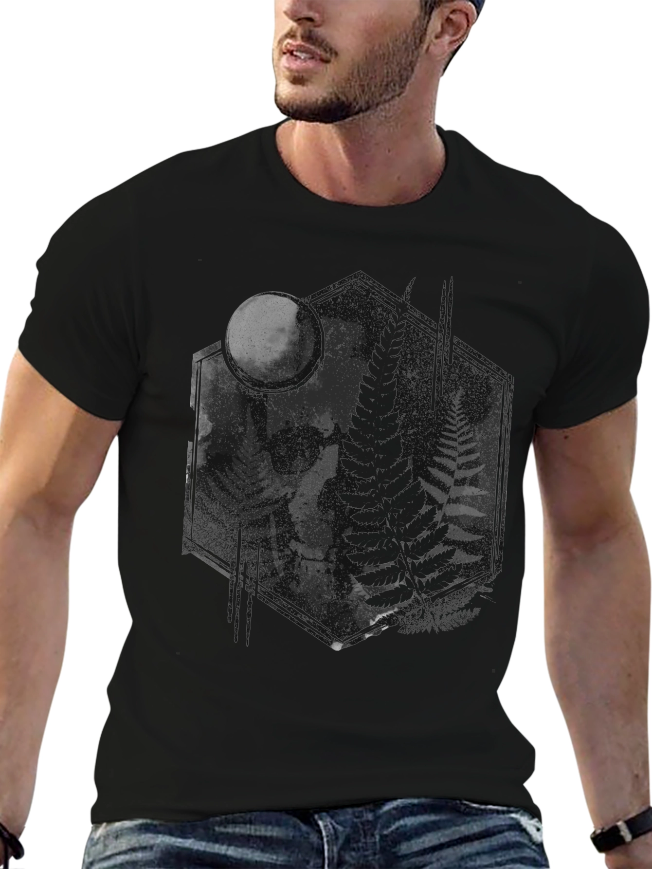 Dark Moon Skull Fern Graphic Tee - Black