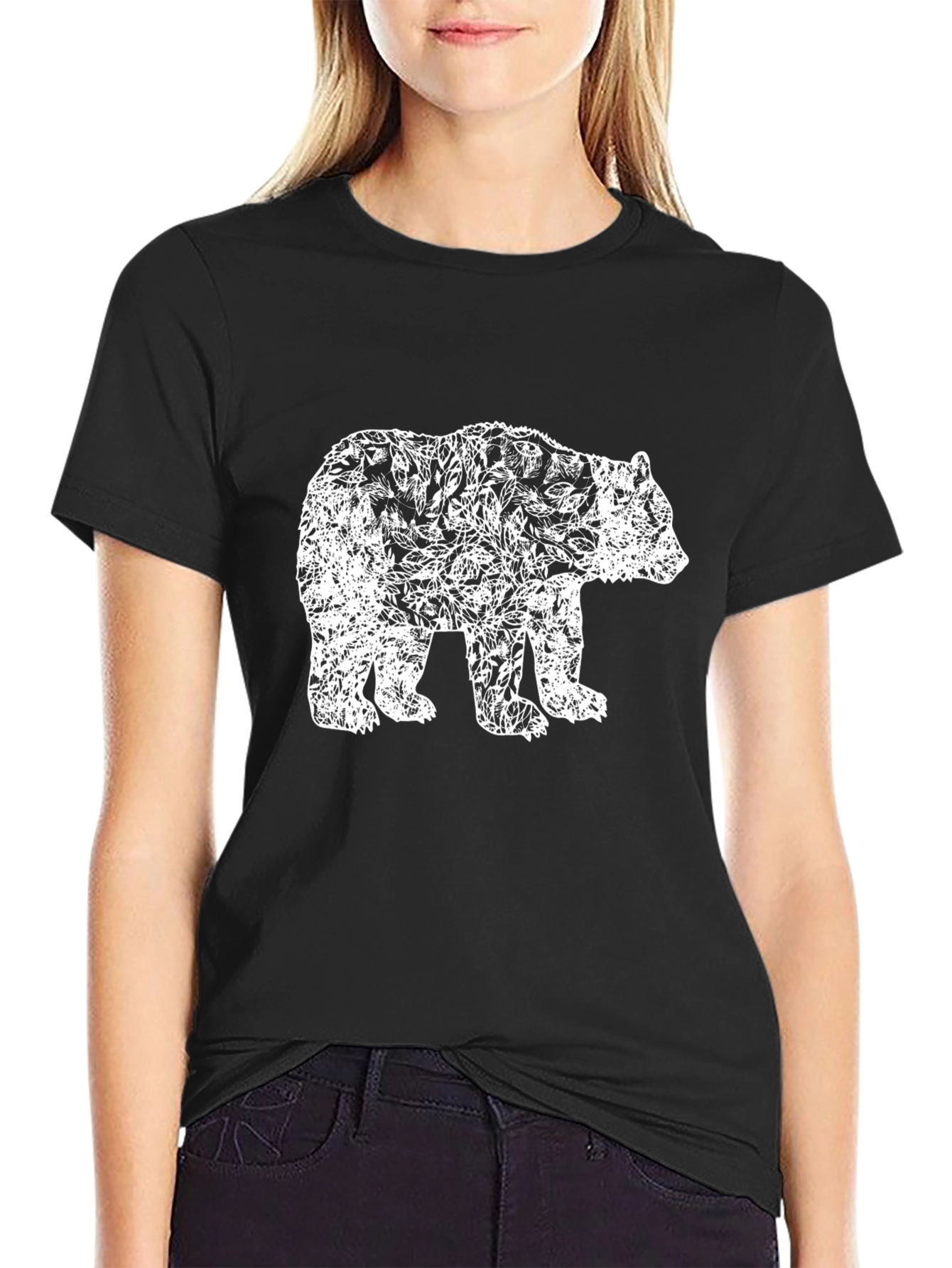 Bear Floral Print Black T-Shirt