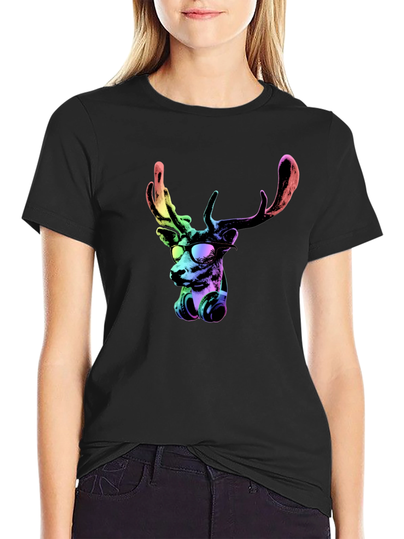 Cool Deer Graphic Tee - Black Cotton T-Shirt