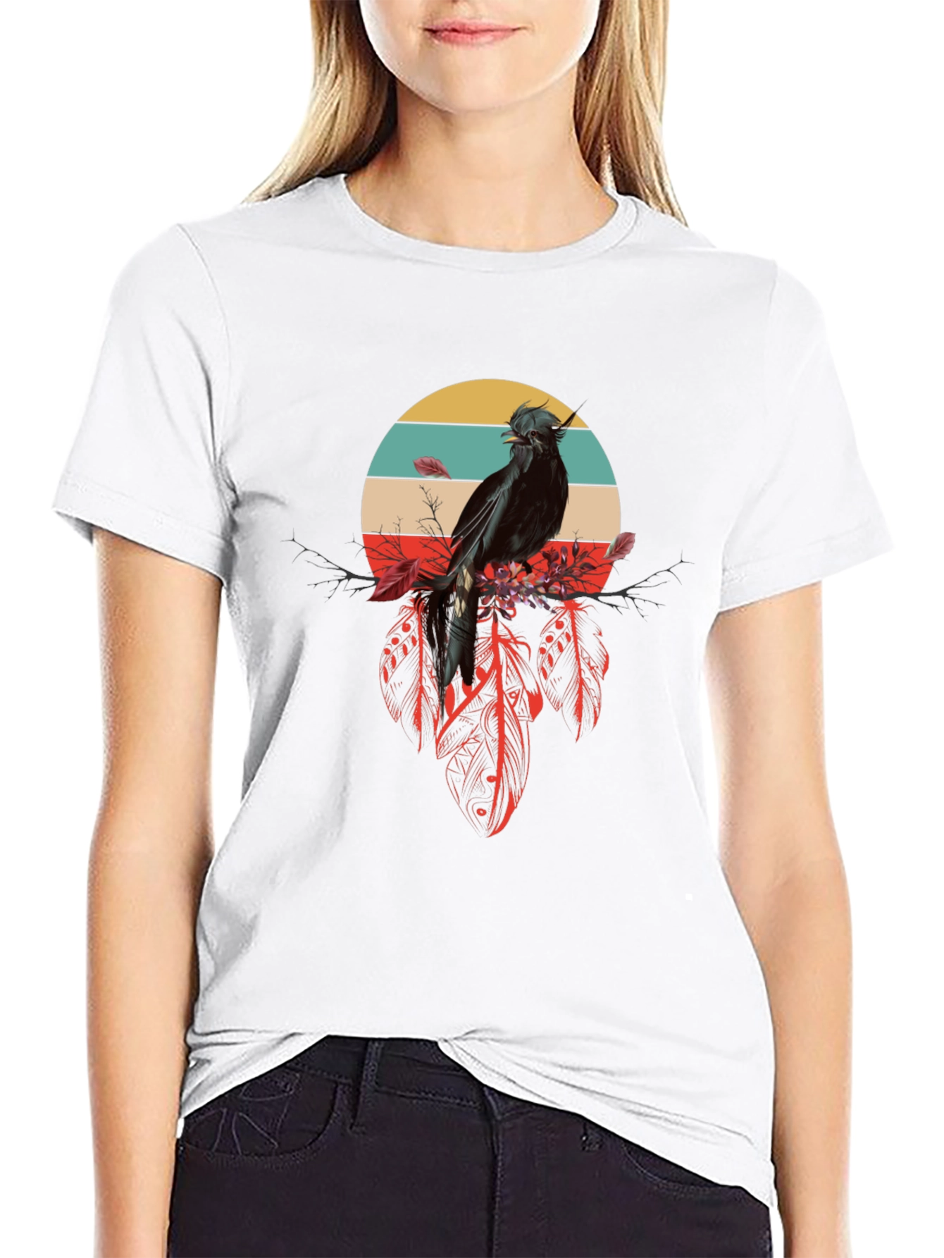 Raven Feather Dream T-Shirt - Retro Bird Design