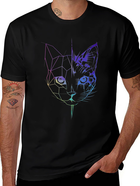 Geometric Cat Graphic Tee - Modern Abstract Design