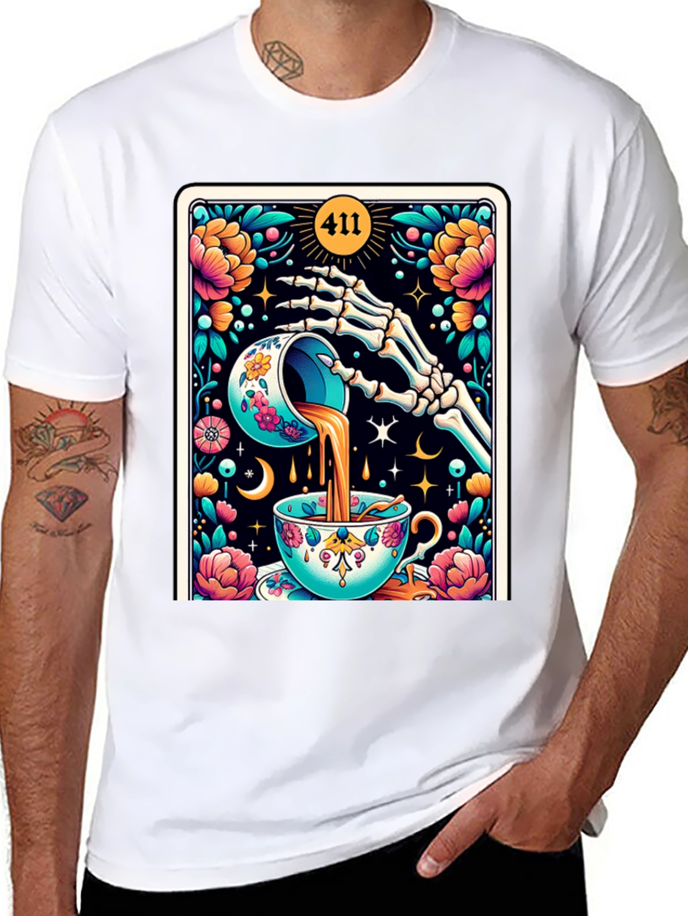 Floral Skeleton Tea Cup Tarot Graphic Tee