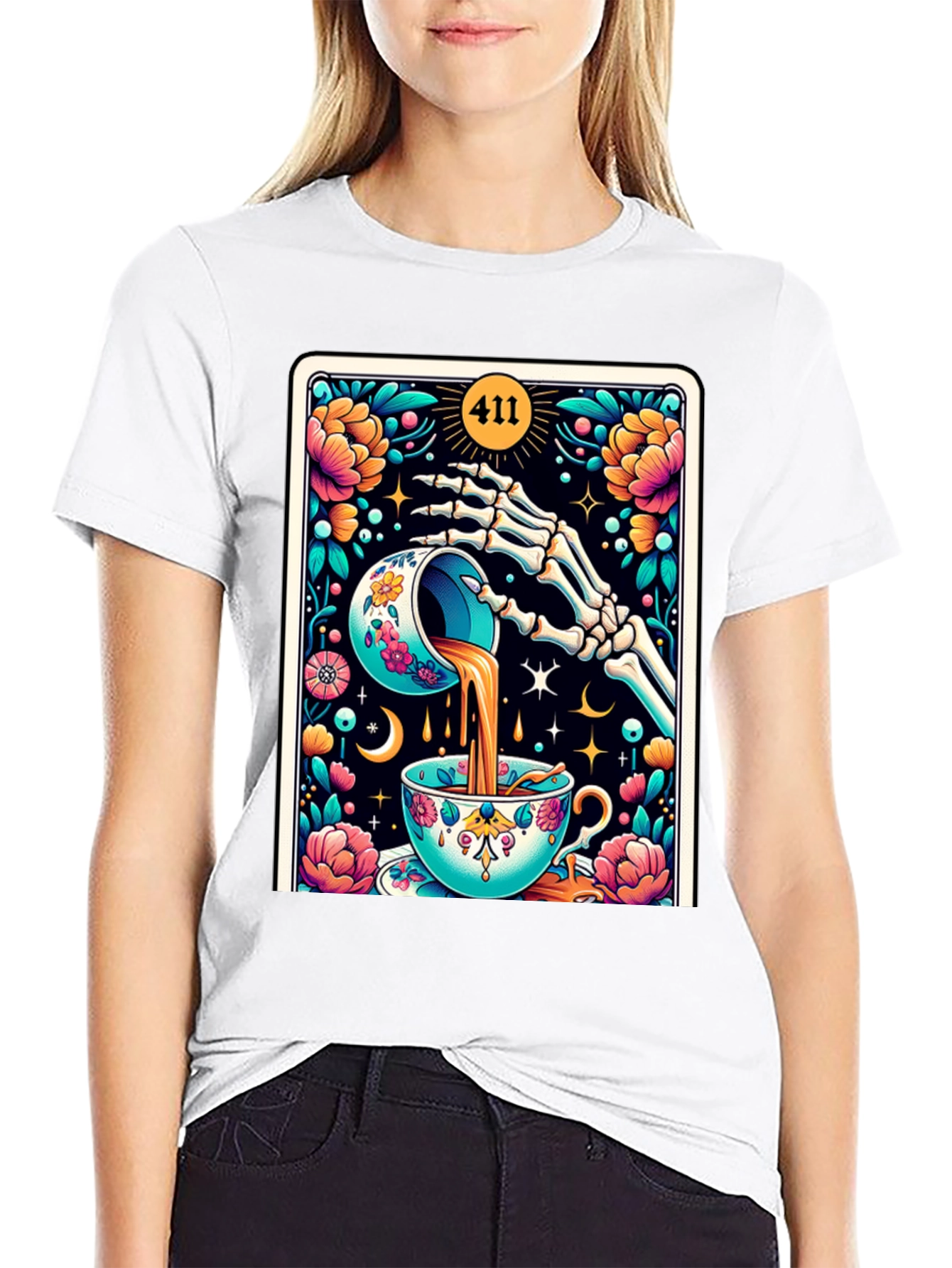 Floral Skeleton Tea Cup Tarot Graphic Tee