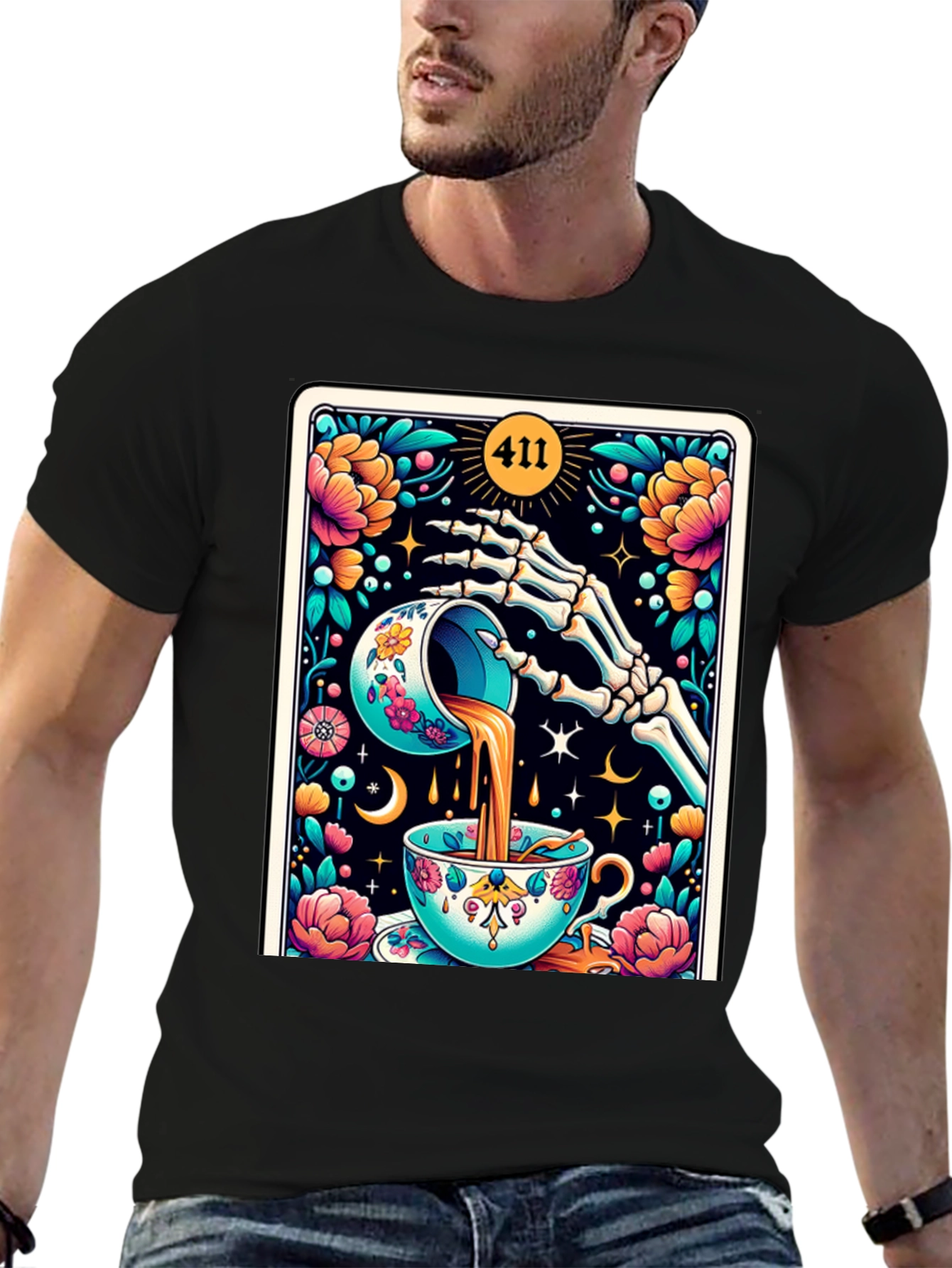 Floral Skeleton Tea Cup Tarot Graphic Tee