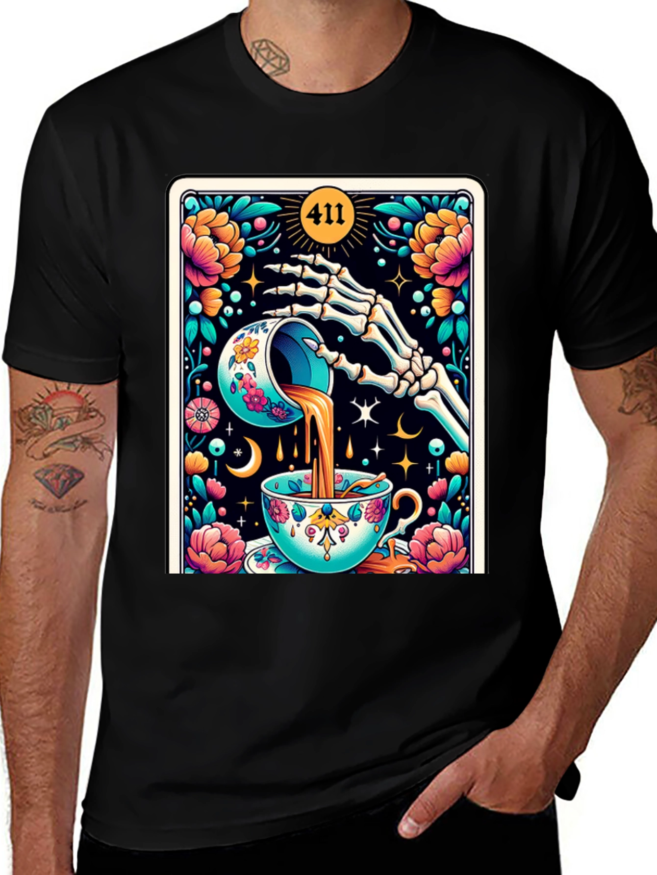 Floral Skeleton Tea Cup Tarot Graphic Tee