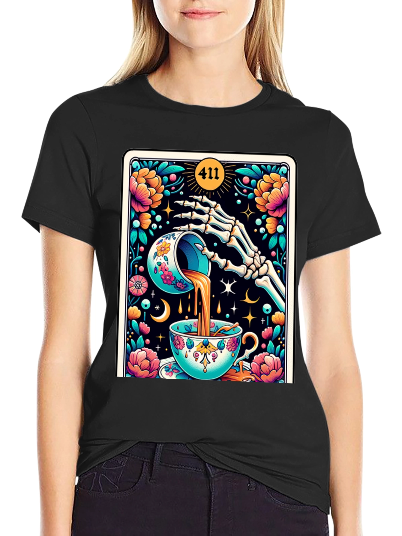 Floral Skeleton Tea Cup Tarot Graphic Tee