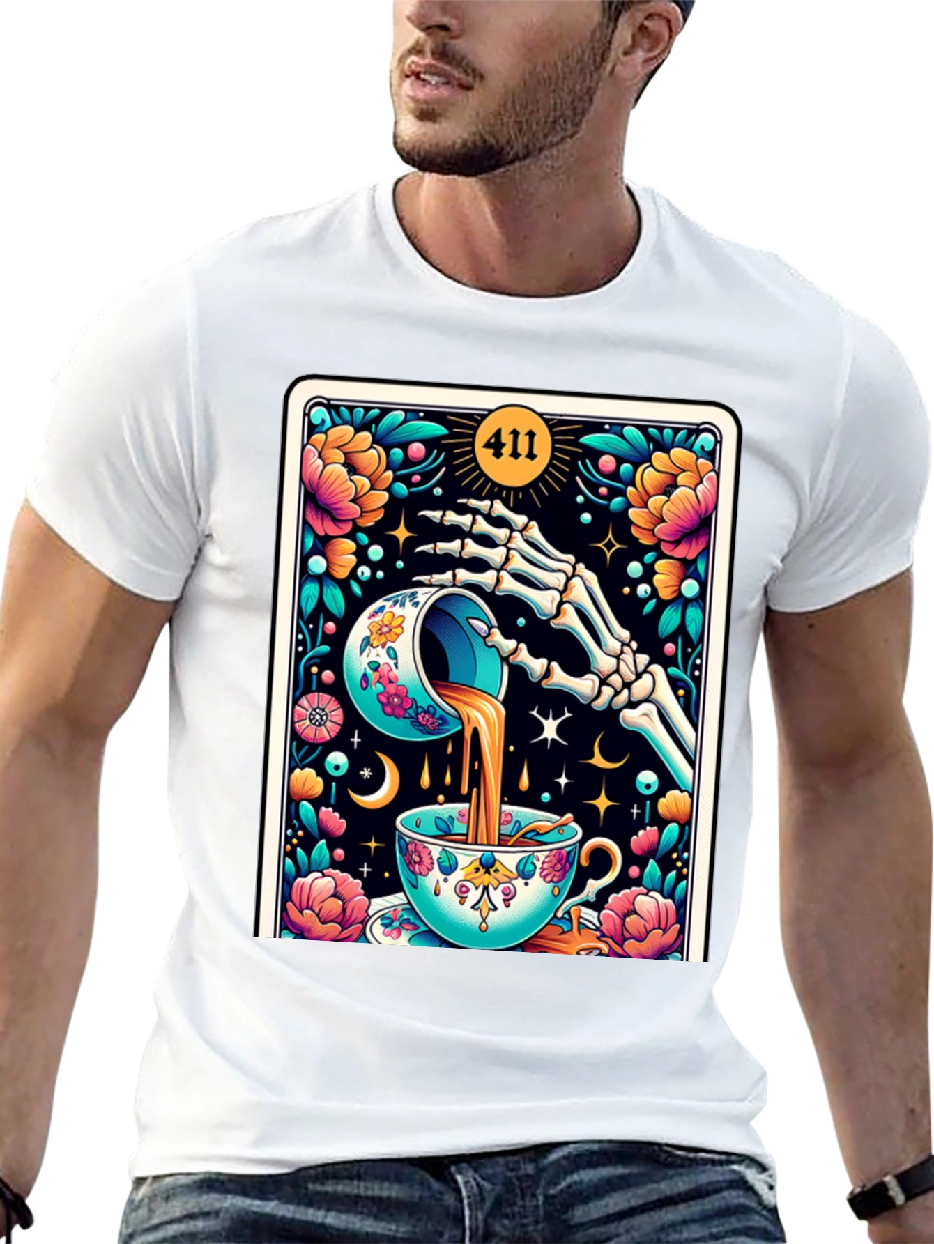 Floral Skeleton Tea Cup Tarot Graphic Tee