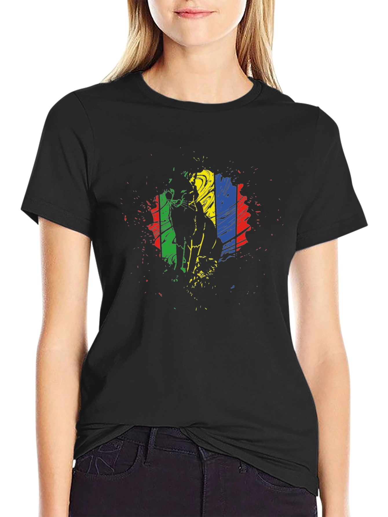 Abstract Cat Graphic Black T-Shirt