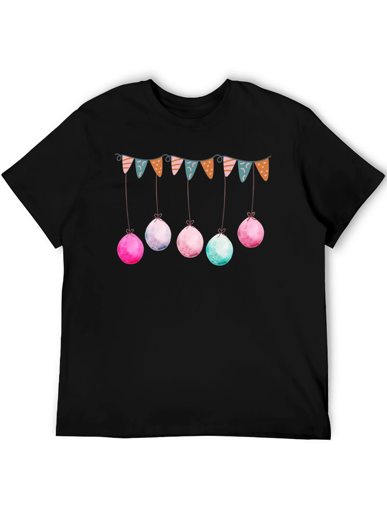 Whimsical Easter Garland Tee - Black Crew Neck Shirt