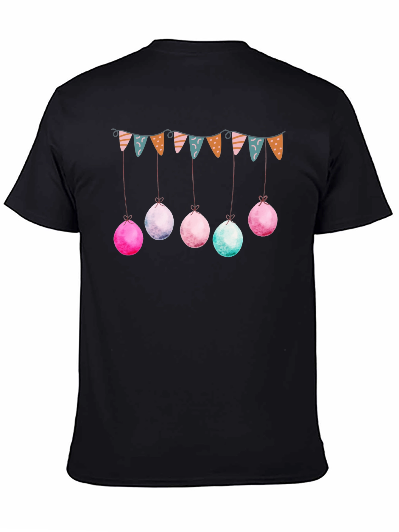 Whimsical Easter Garland Tee - Black Crew Neck Shirt