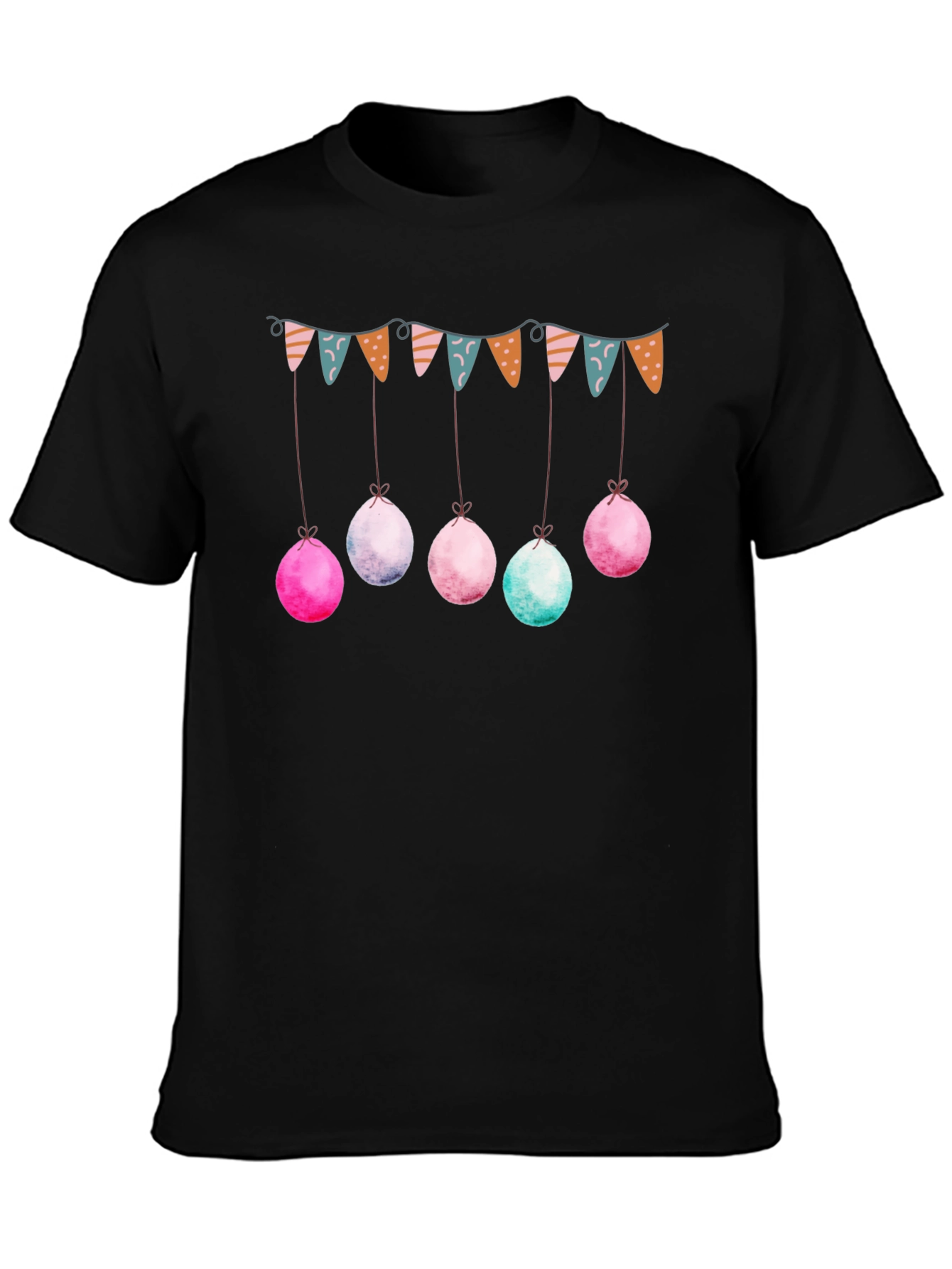 Whimsical Easter Garland Tee - Black Crew Neck Shirt