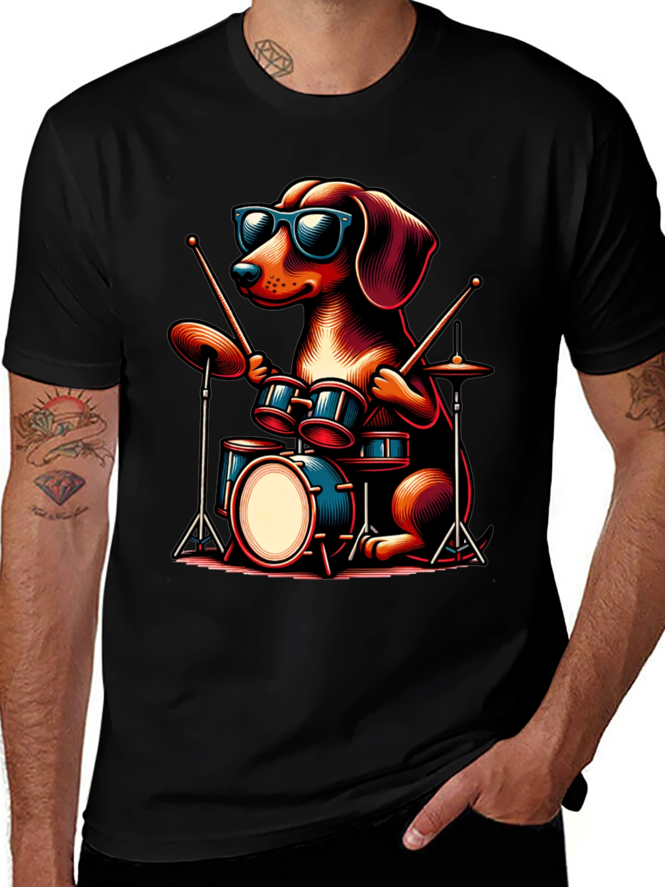 Cool Dog Drummer Graphic Tee - Black Cotton