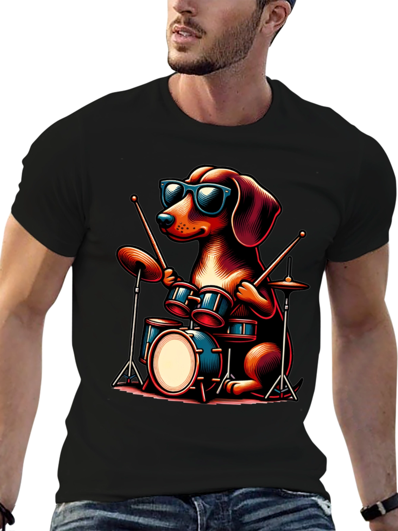 Cool Dog Drummer Graphic Tee - Black Cotton
