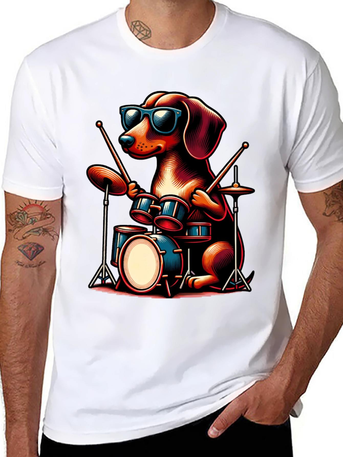 Cool Dog Drummer Graphic Tee - Black Cotton