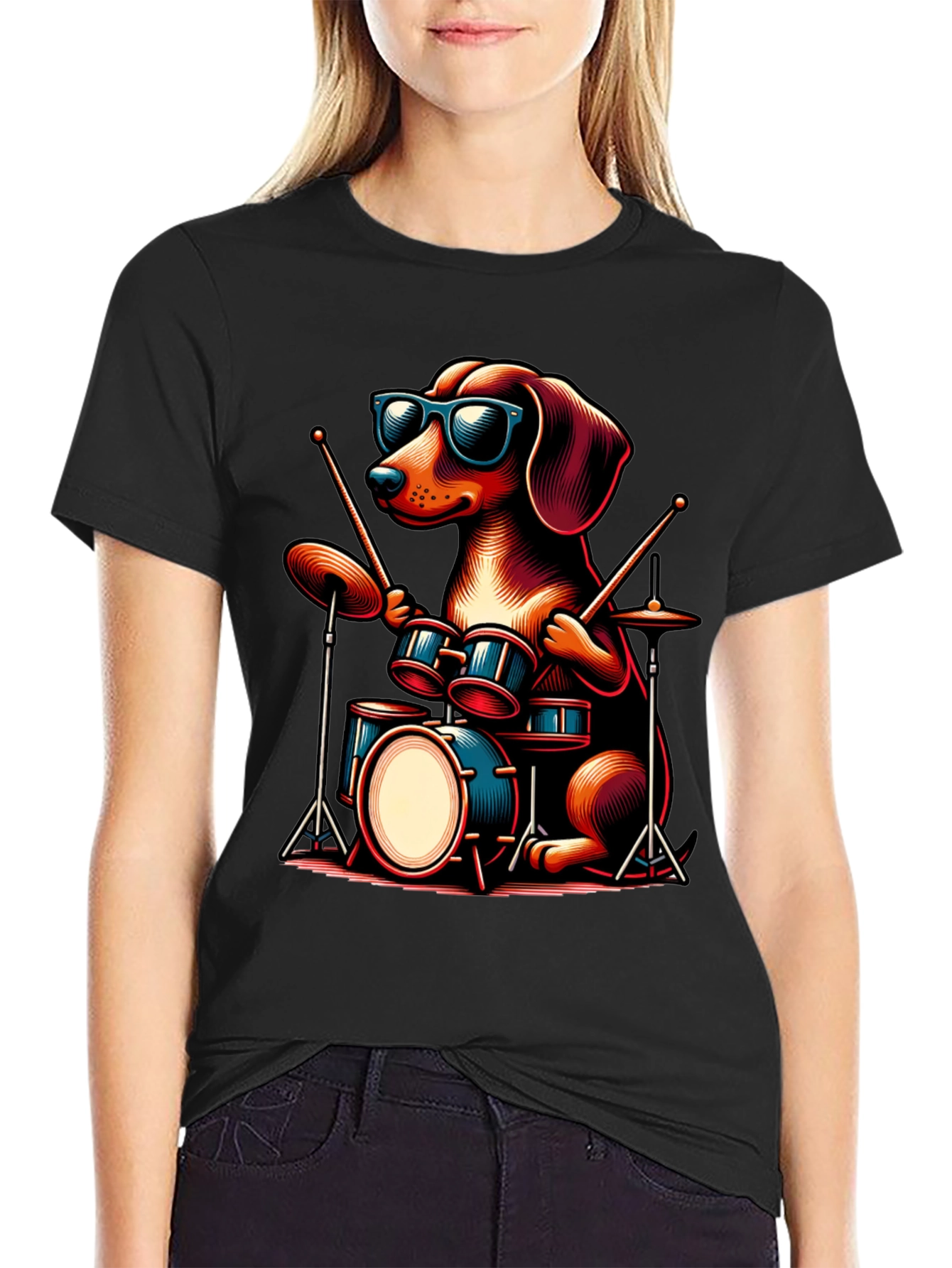 Cool Dog Drummer Graphic Tee - Black Cotton