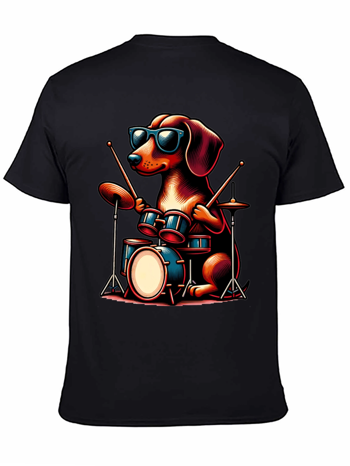 Cool Dog Drummer Graphic Tee - Black Cotton