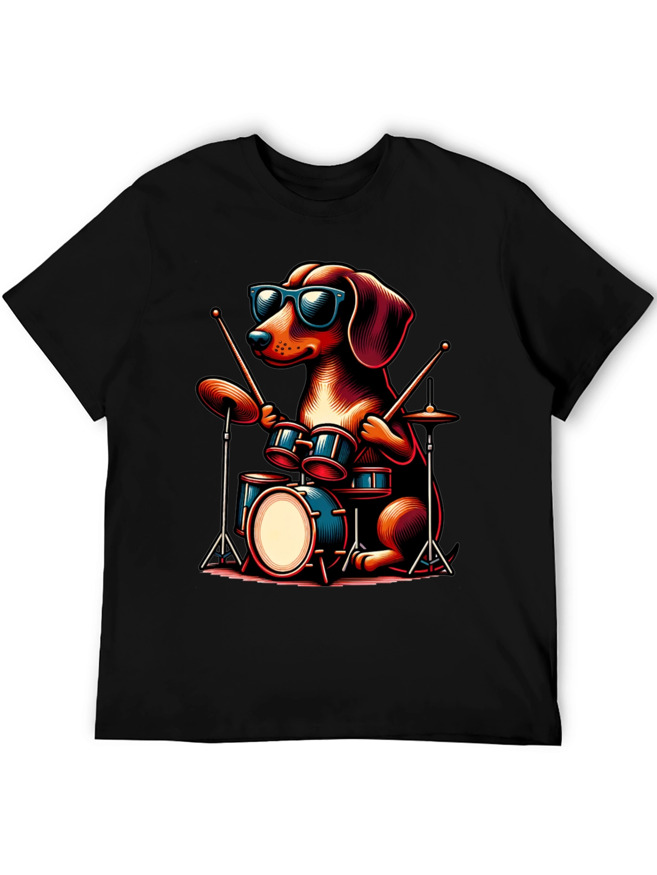 Cool Dog Drummer Graphic Tee - Black Cotton