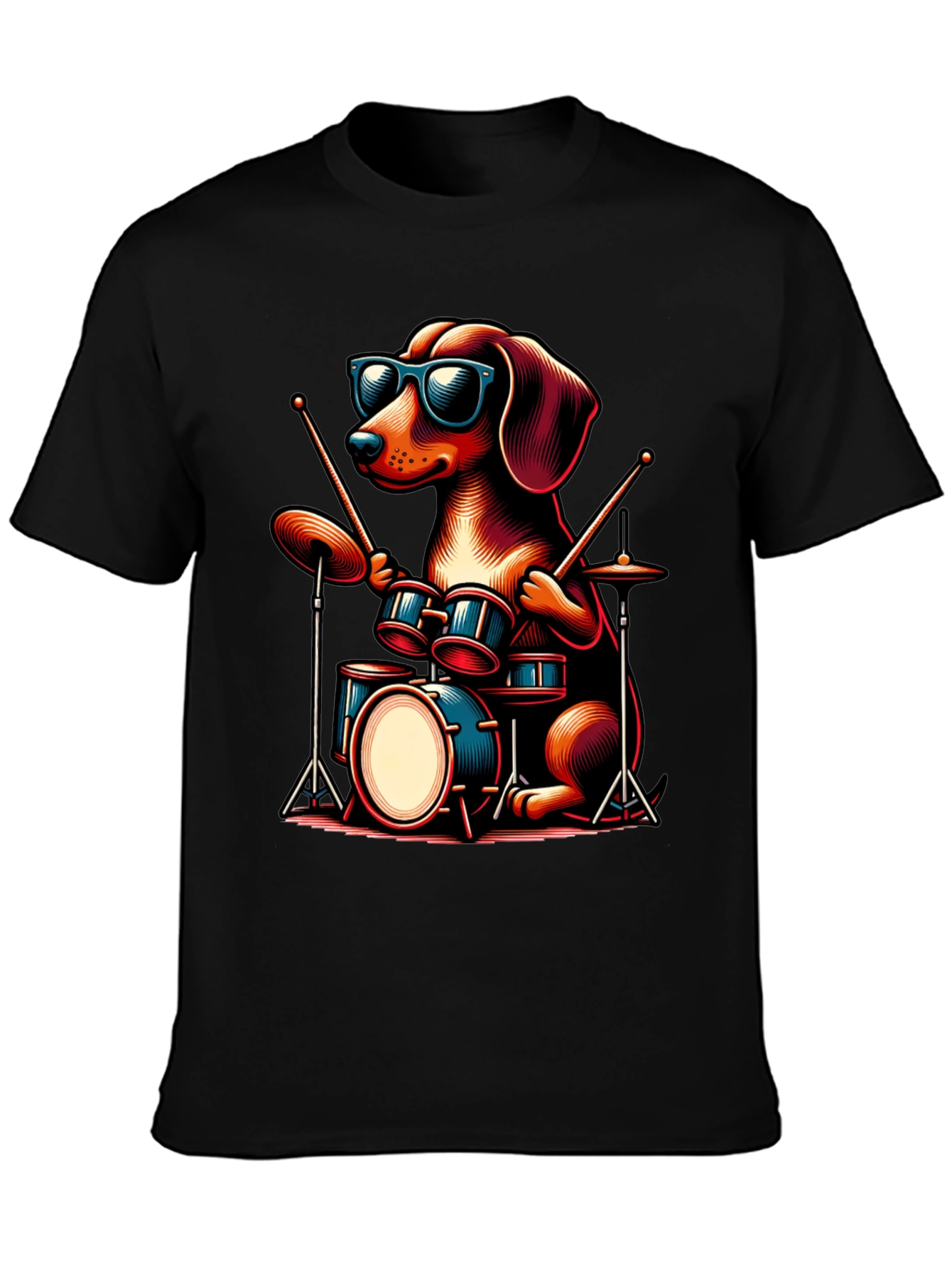 Cool Dog Drummer Graphic Tee - Black Cotton