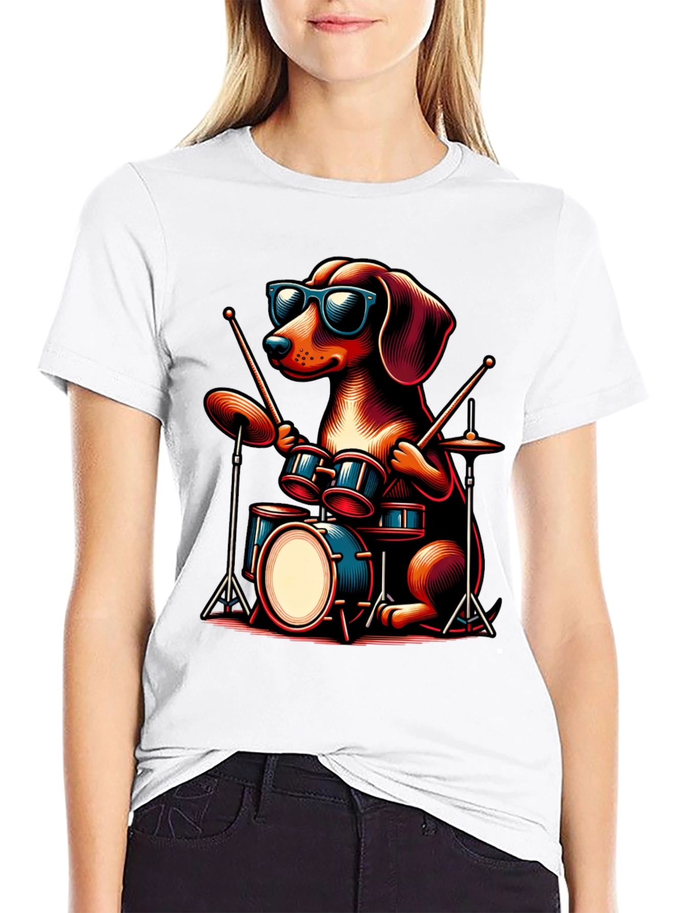 Cool Dog Drummer Graphic Tee - Black Cotton