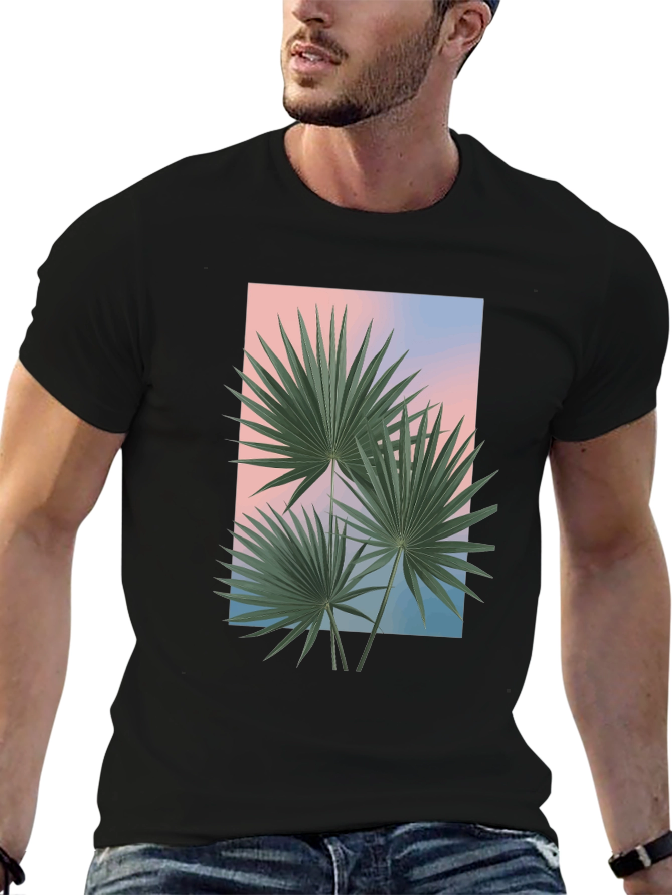 Tropical Palm Graphic Tee - Black Casual T-Shirt