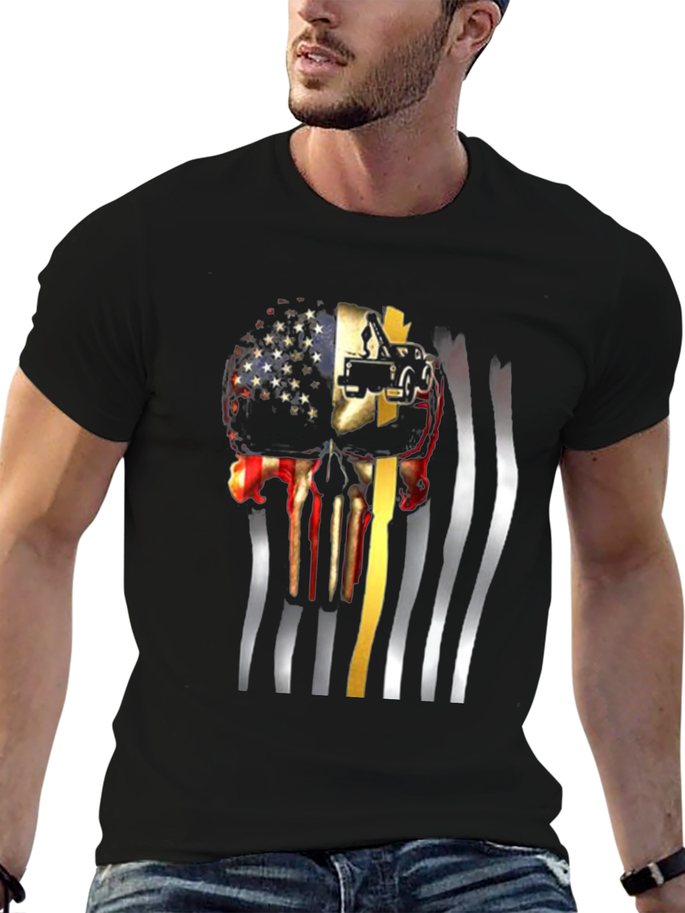 Patriotic Tow Truck Skull Graphic T-Shirt