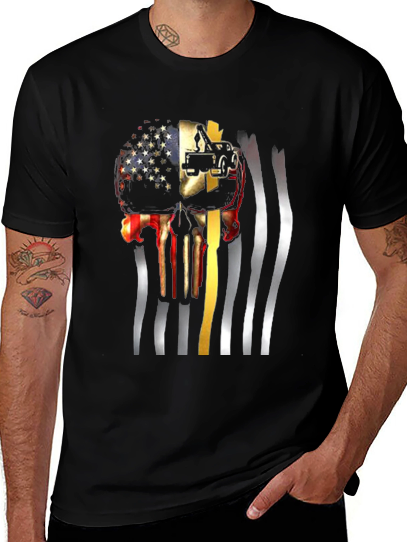 Patriotic Tow Truck Skull Graphic T-Shirt