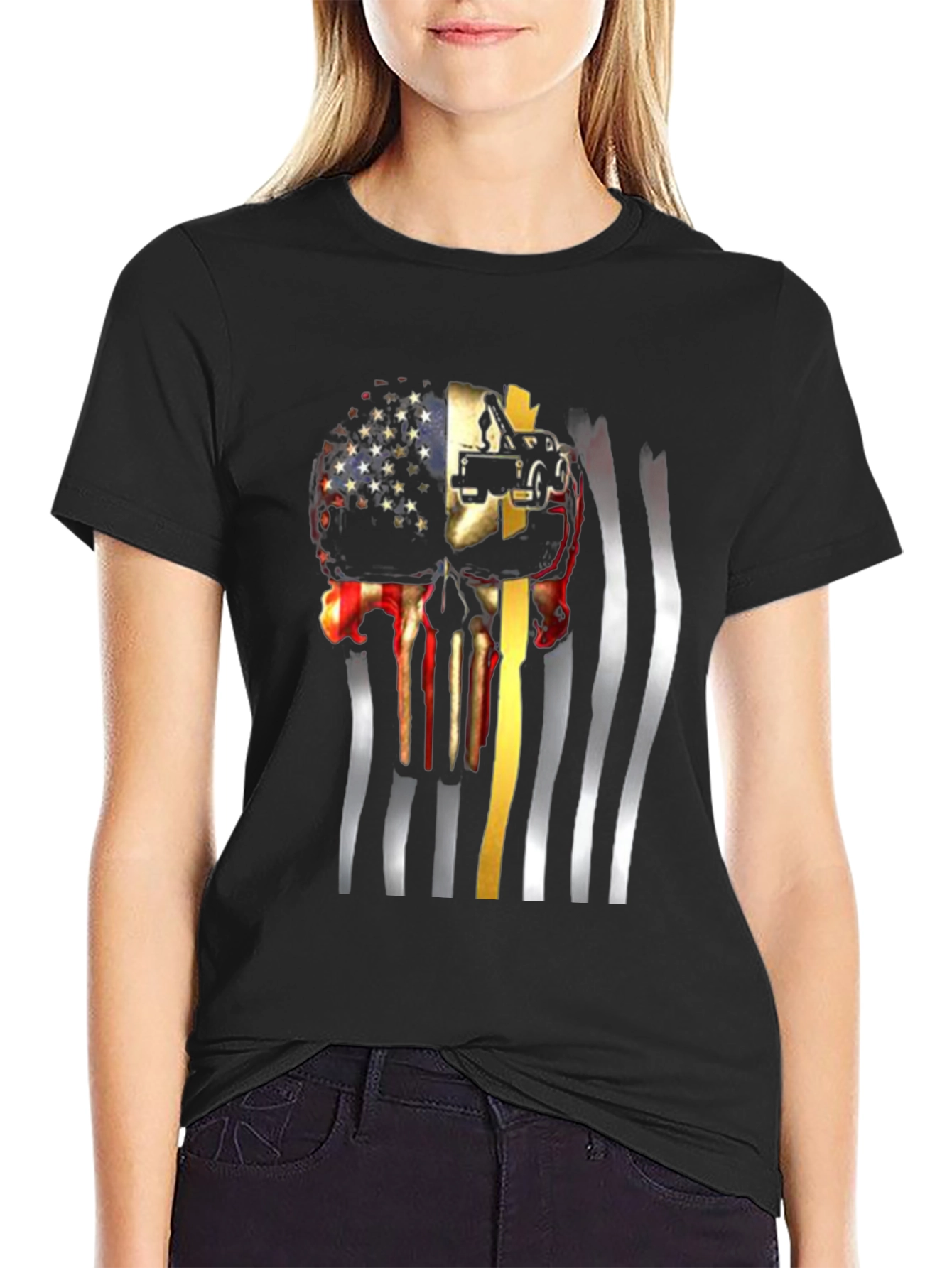 Patriotic Tow Truck Skull Graphic T-Shirt