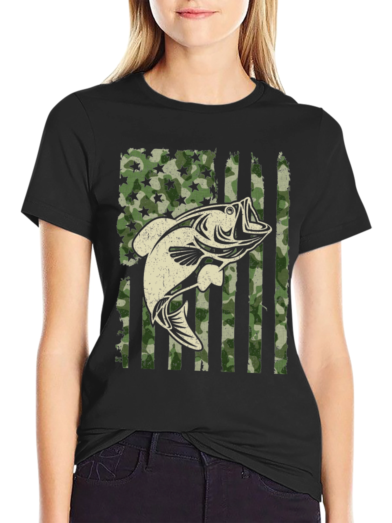 American Flag Camo Bass Fishing Graphic Tee
