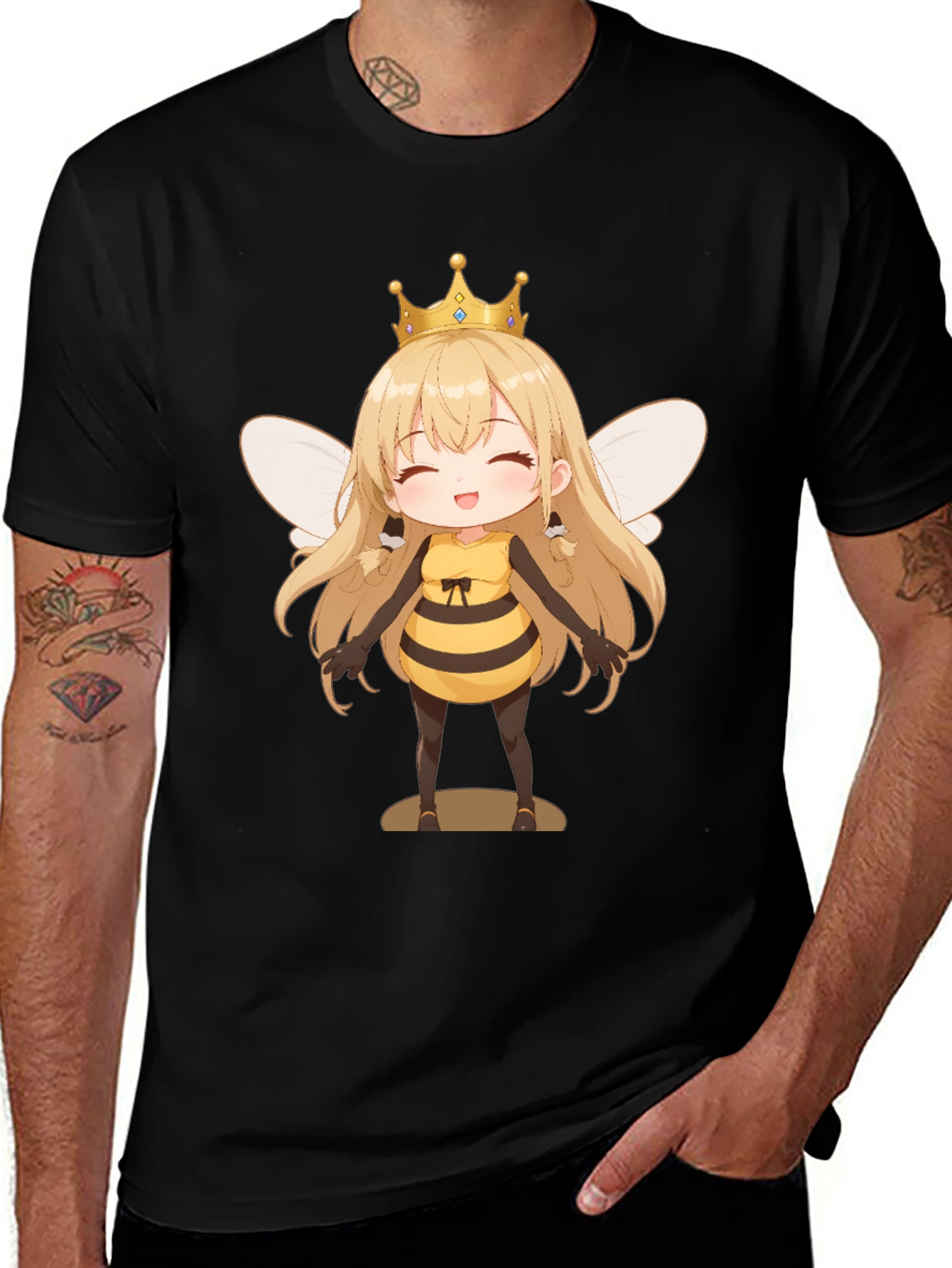 Anime Bee Girl Graphic T-Shirt - Black Cotton Tee