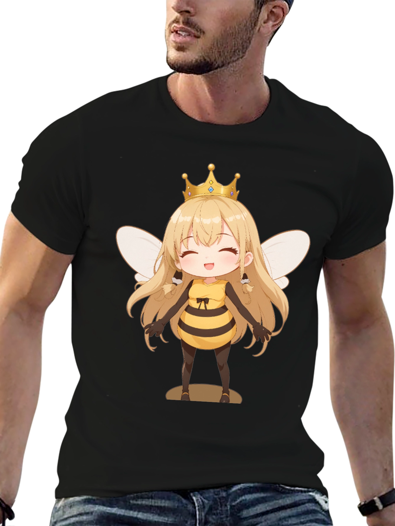 Anime Bee Girl Graphic T-Shirt - Black Cotton Tee