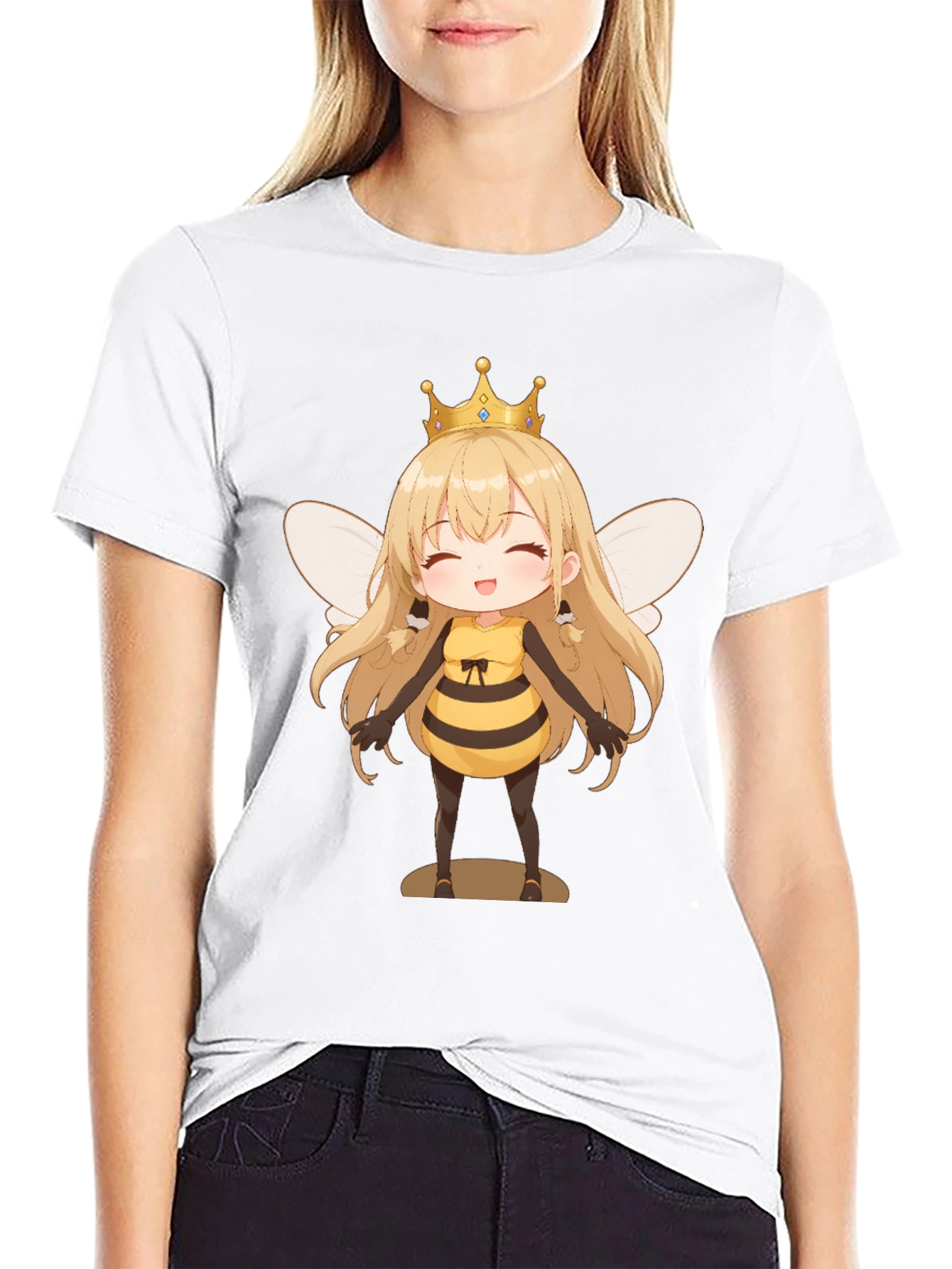Anime Bee Girl Graphic T-Shirt - Black Cotton Tee