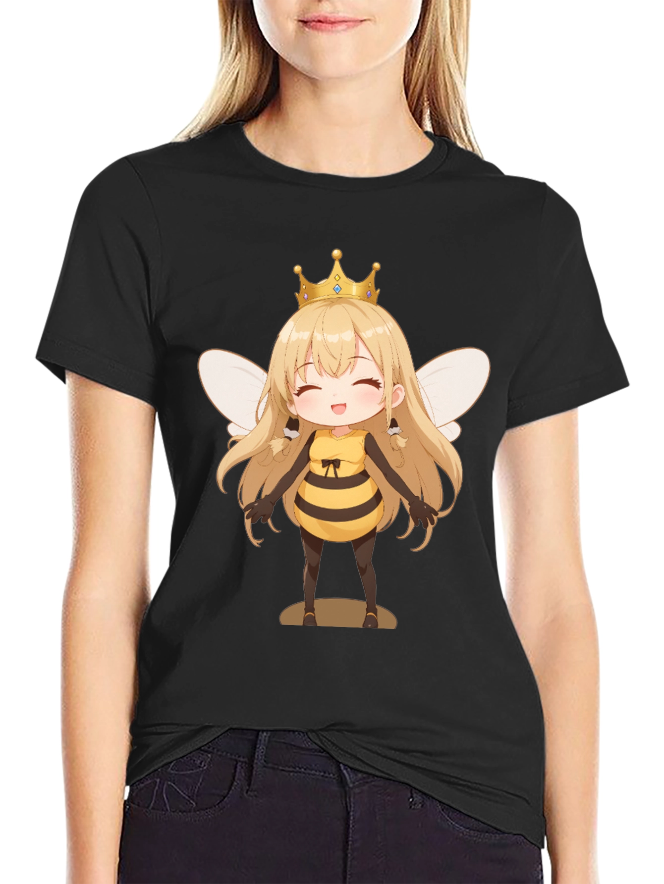 Anime Bee Girl Graphic T-Shirt - Black Cotton Tee