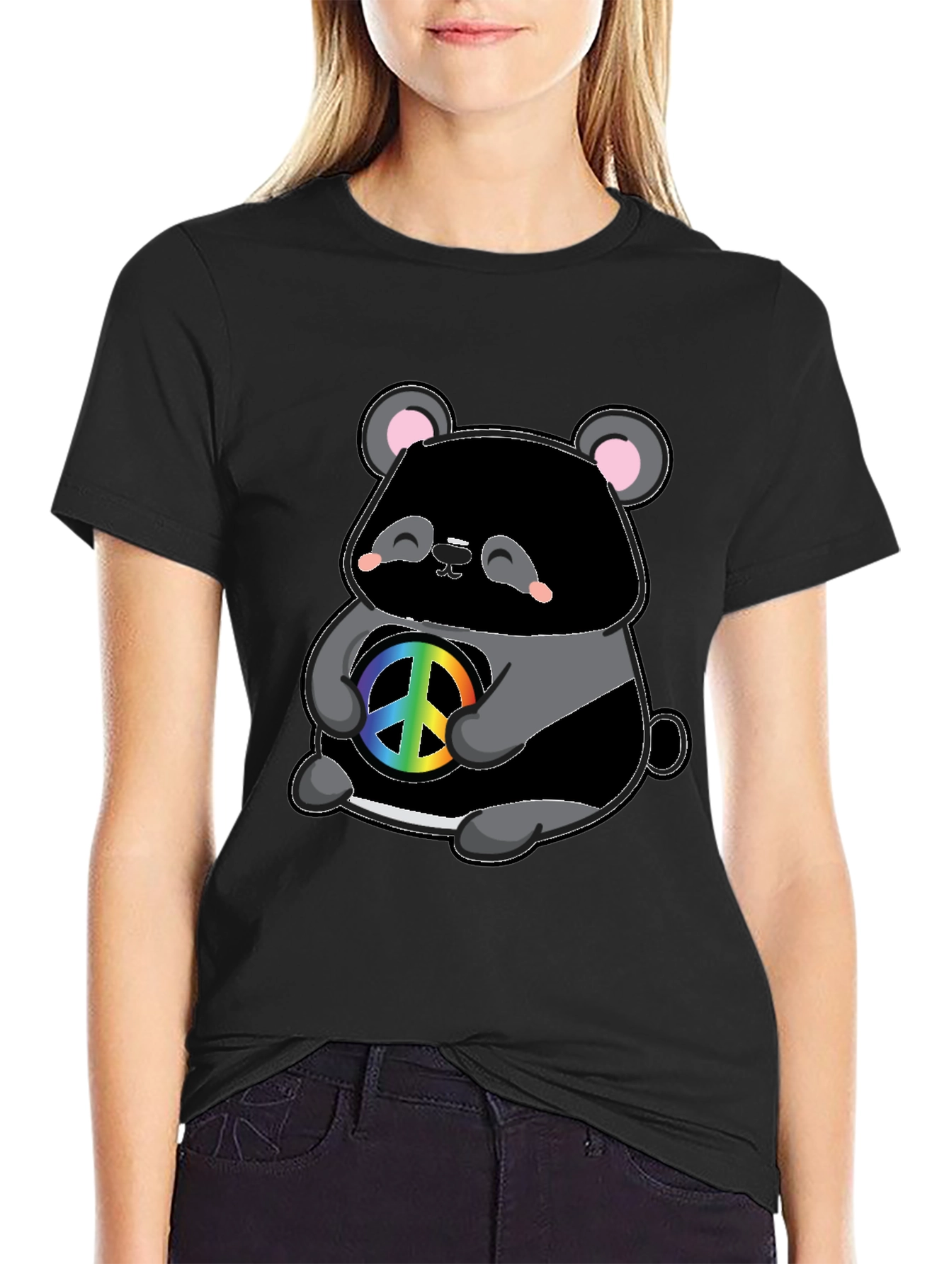 Cute Panda Peace Sign Black T-Shirt