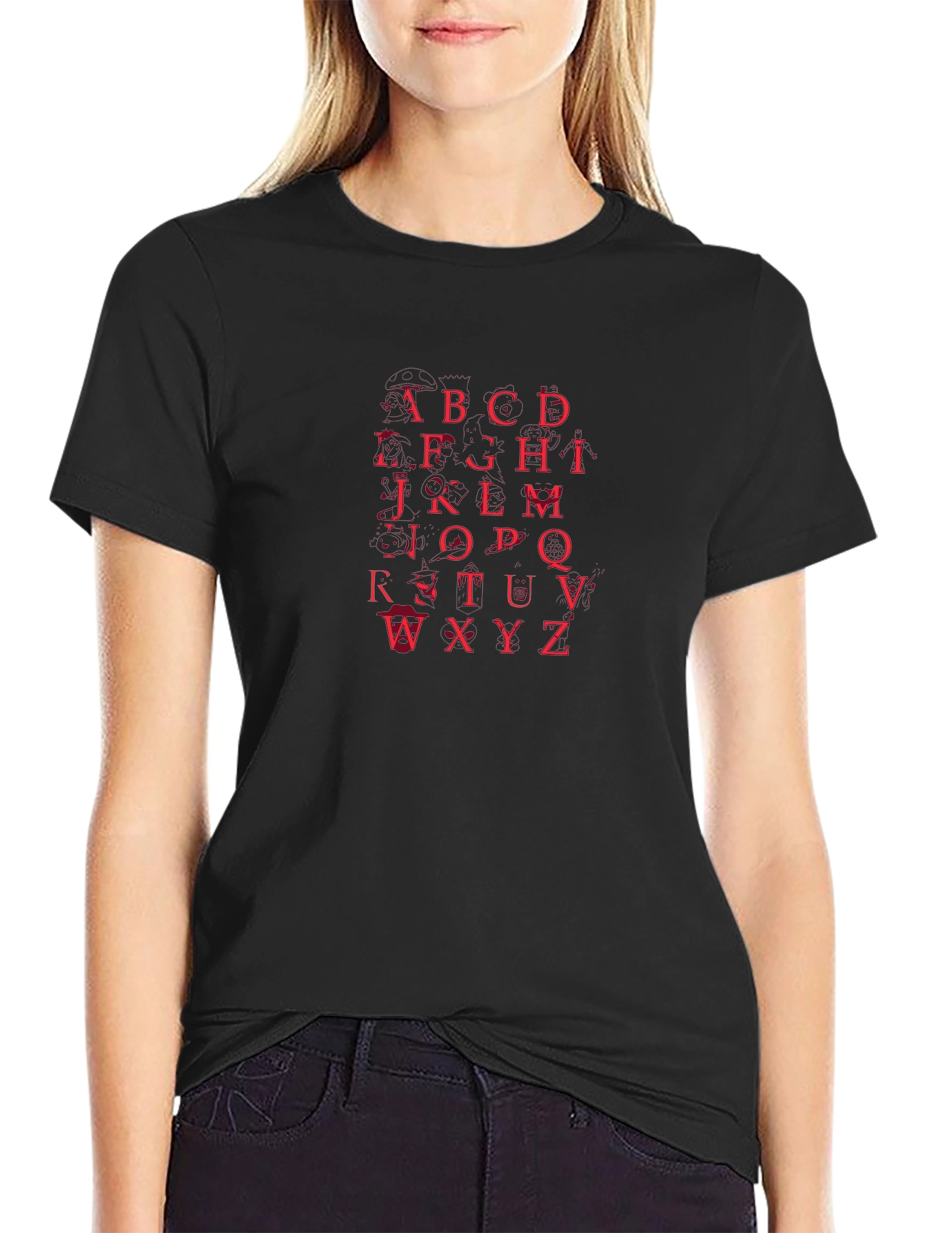 Alphabet Red Print Black T-Shirt
