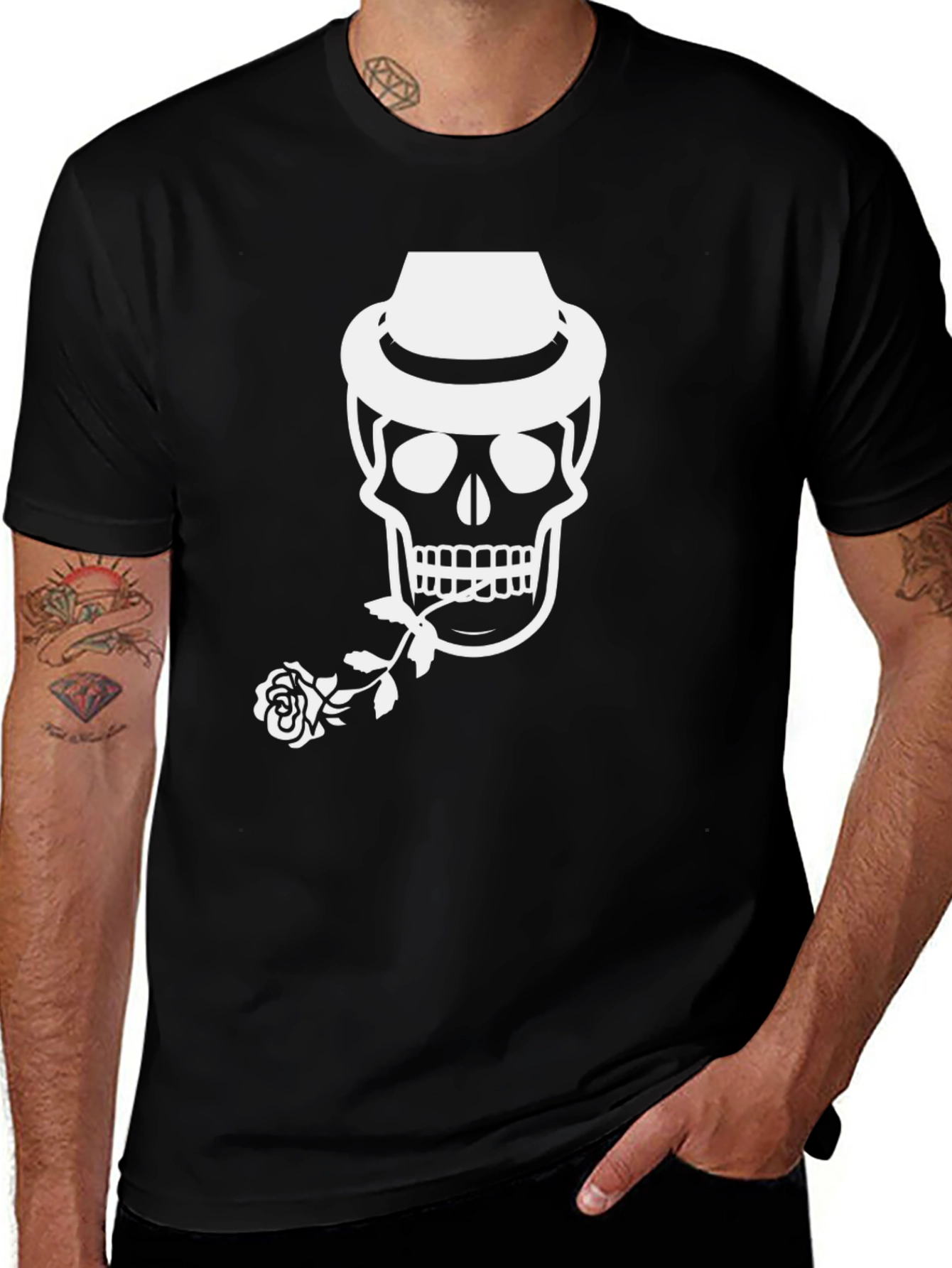 Skull with Hat and Rose Graphic Tee