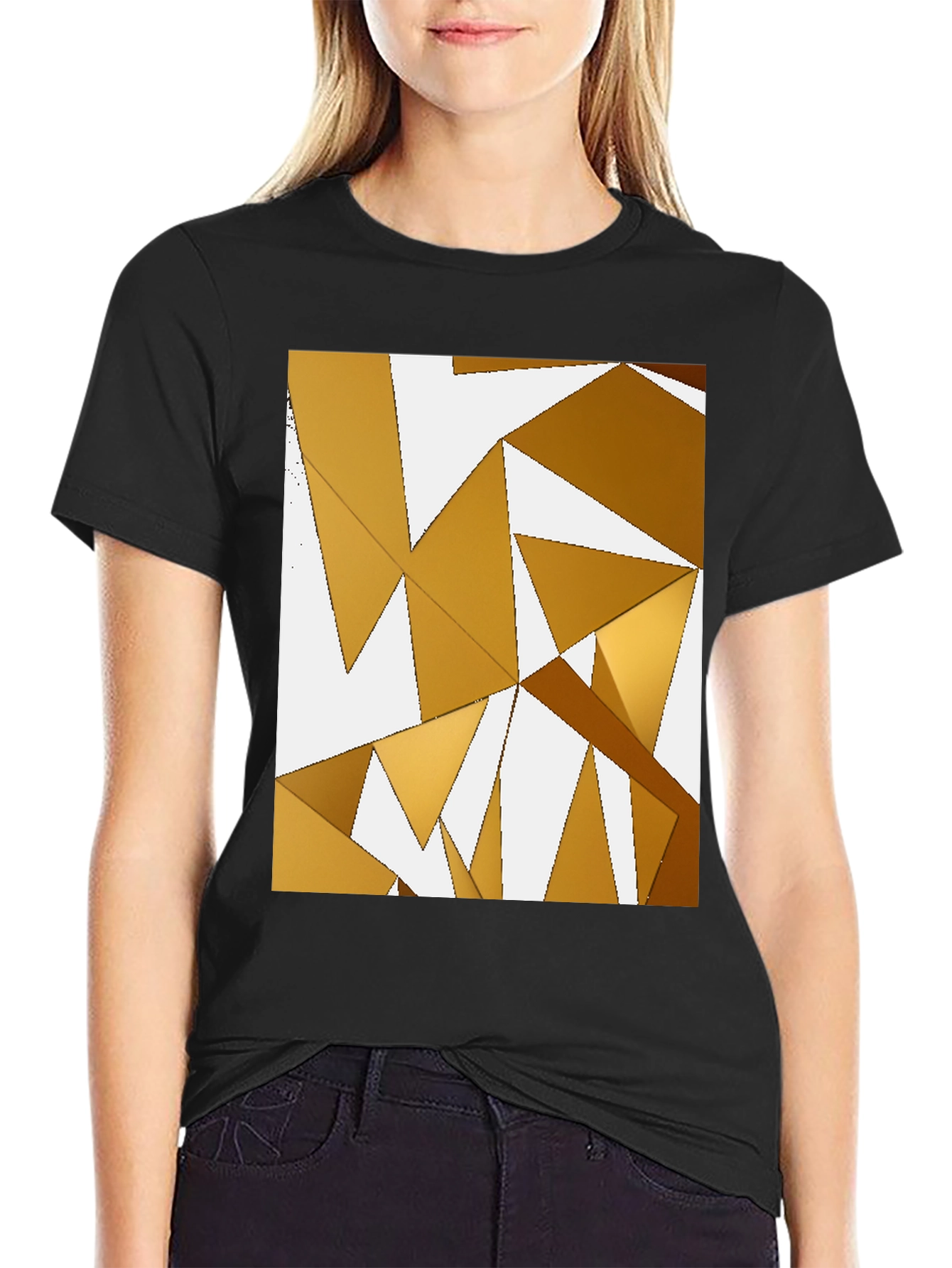 Abstract Gold Geometric Triangle Black T-Shirt
