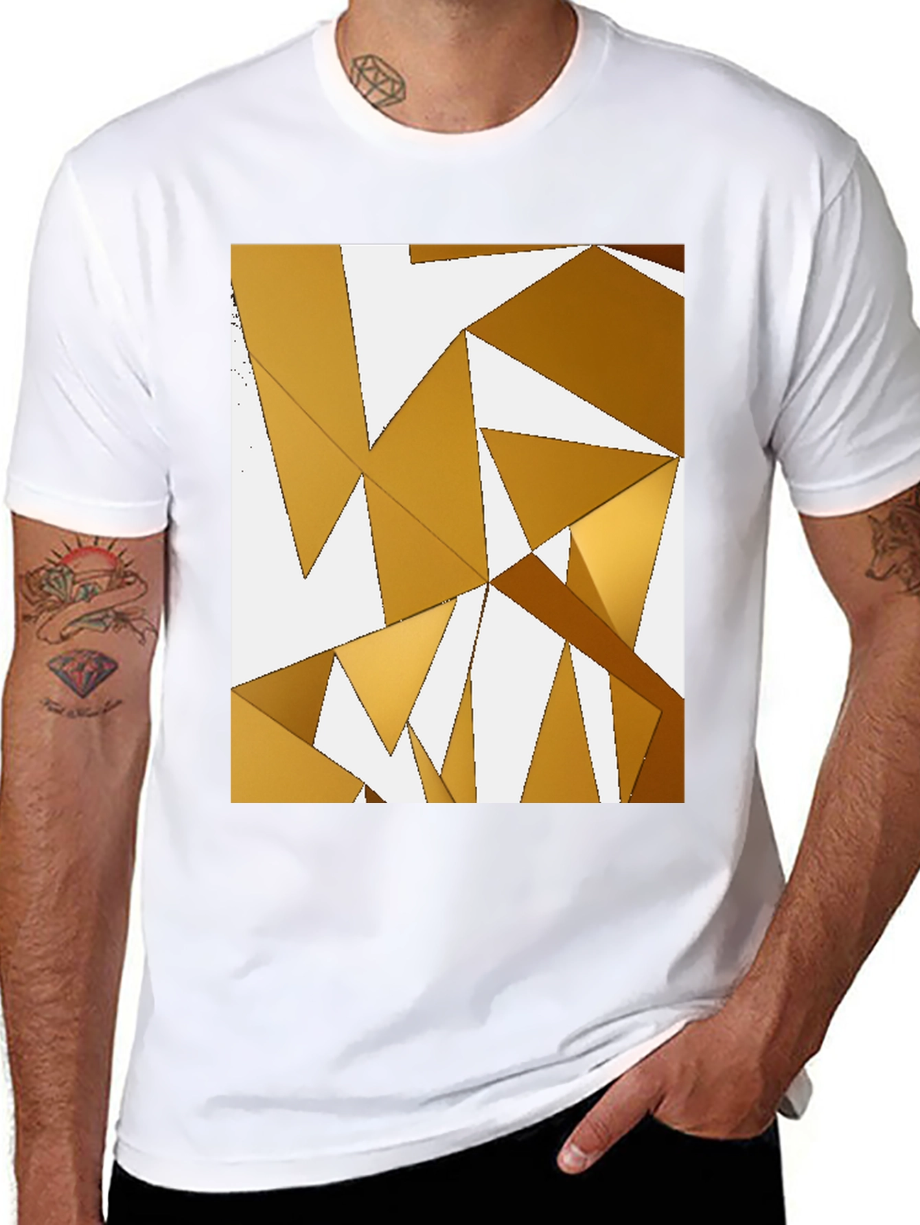 Abstract Gold Geometric Triangle Black T-Shirt
