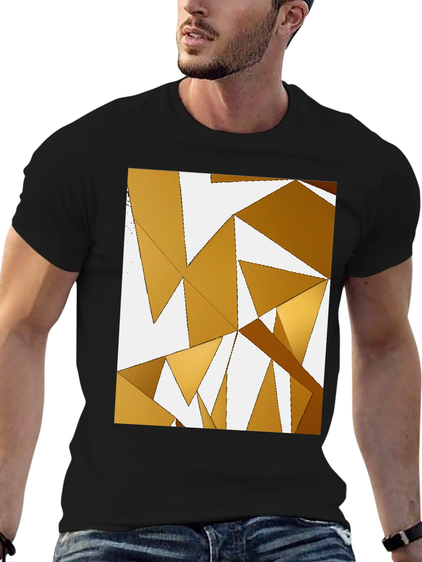Abstract Gold Geometric Triangle Black T-Shirt