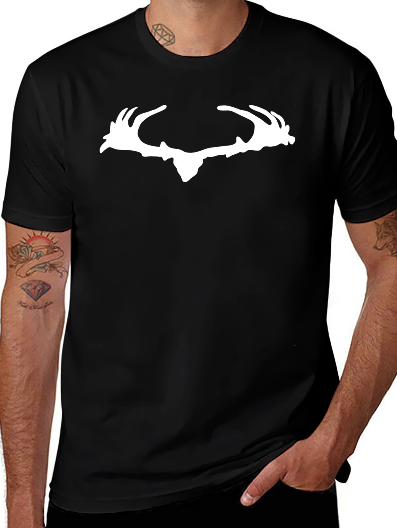 Deer Antler Graphic Tee - Black Cotton Casual Shirt