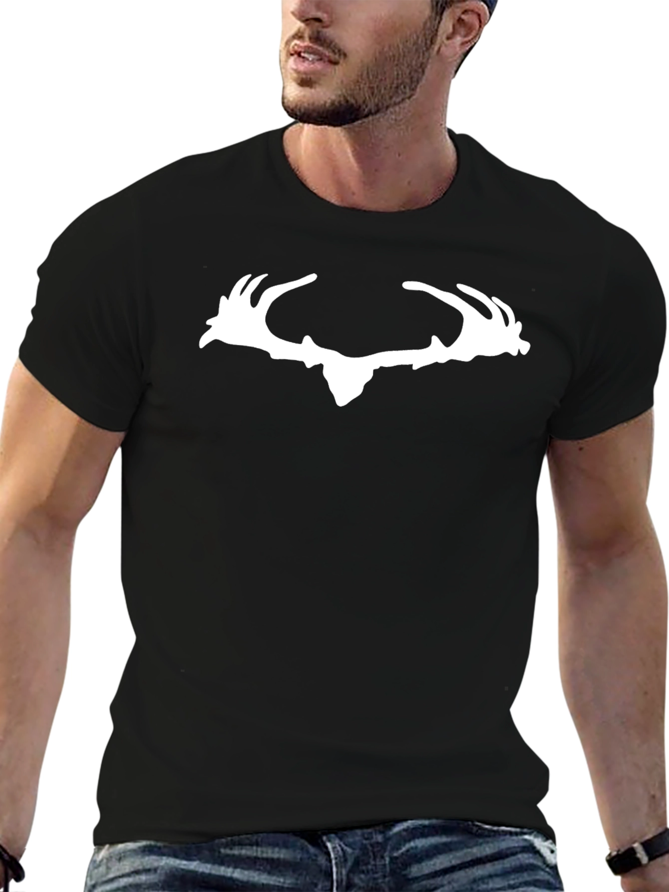 Deer Antler Graphic Tee - Black Cotton Casual Shirt