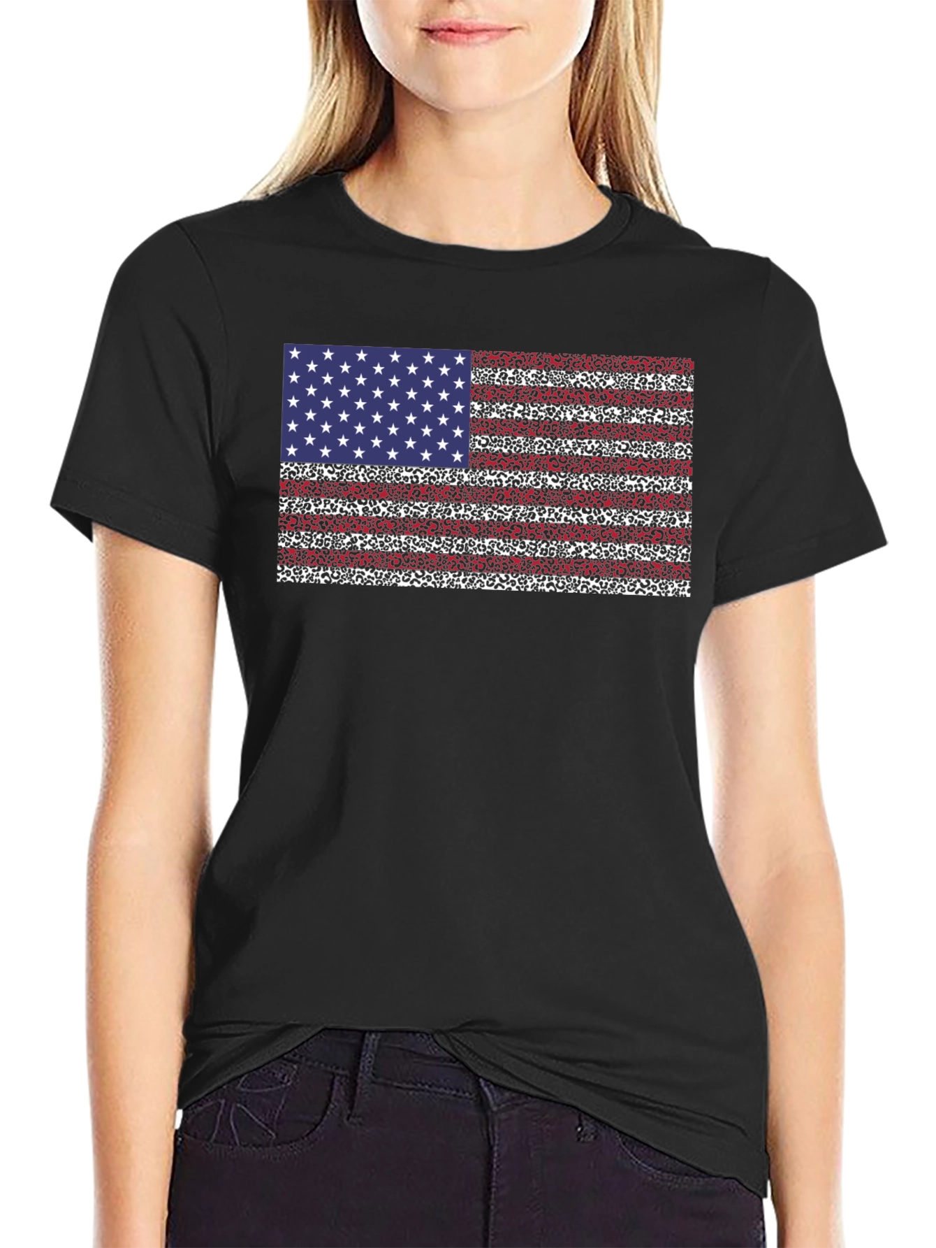 American Flag Leopard Print Black T-Shirt