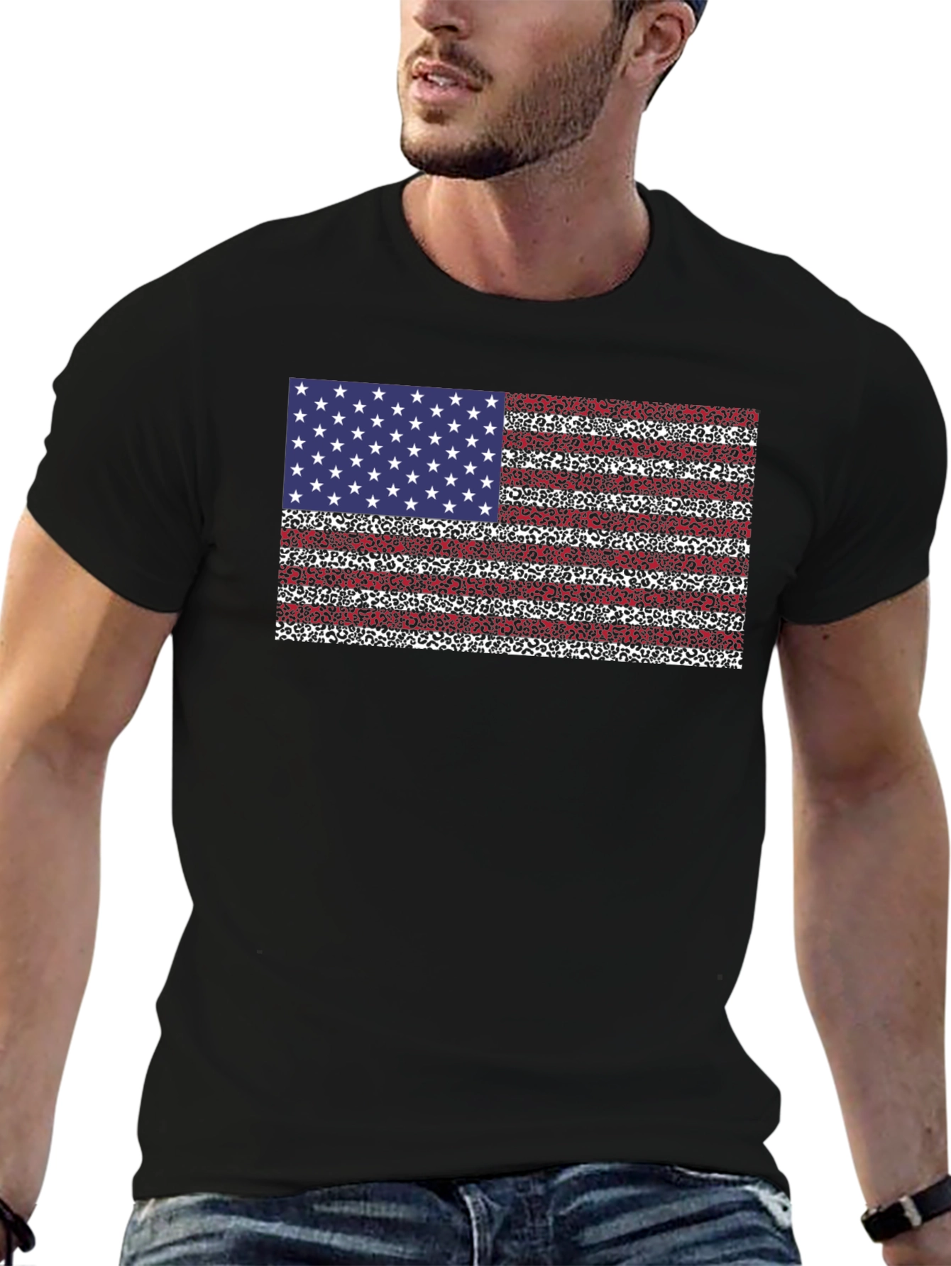 American Flag Leopard Print Black T-Shirt