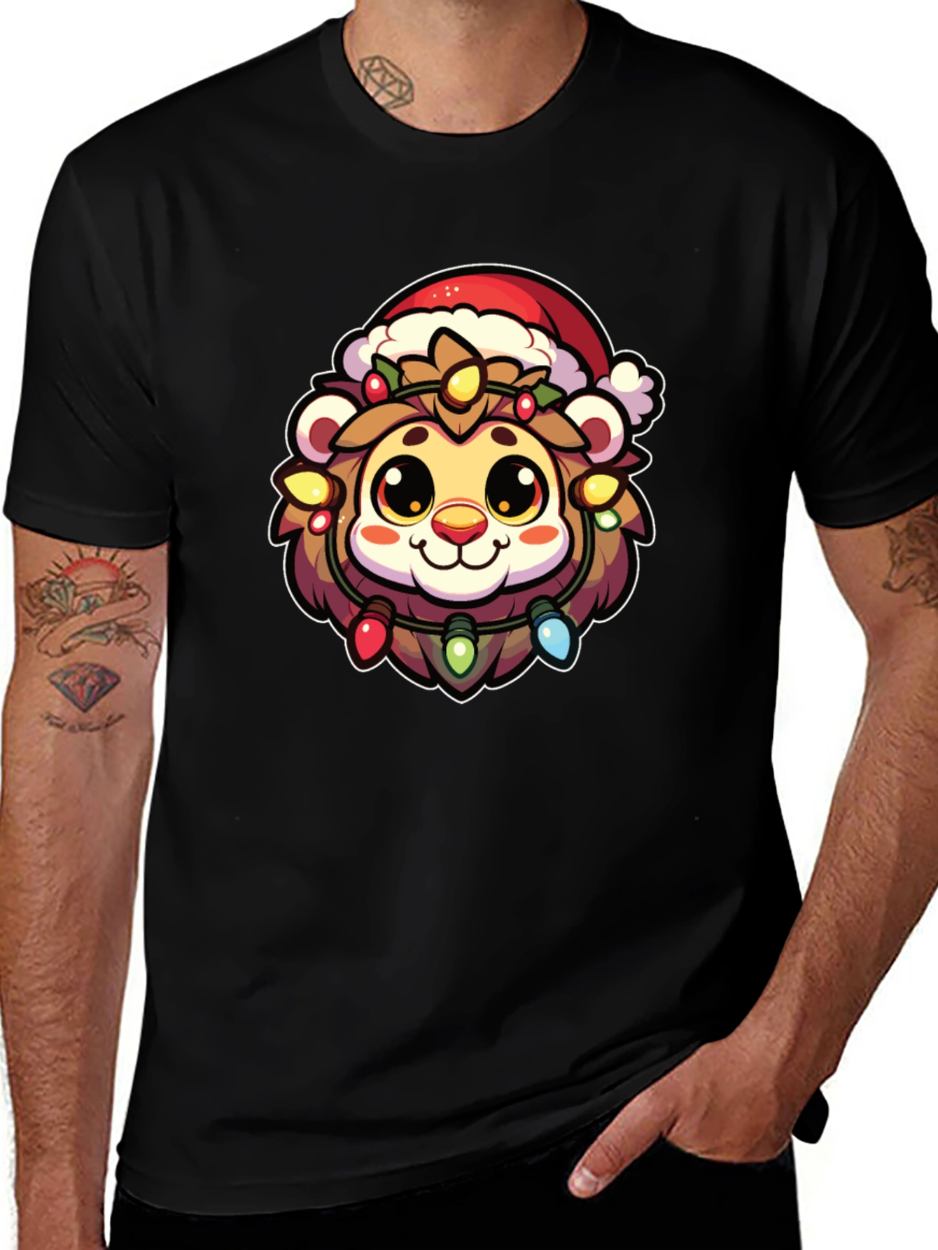 Festive Lion Graphic Tee - Holiday Apparel