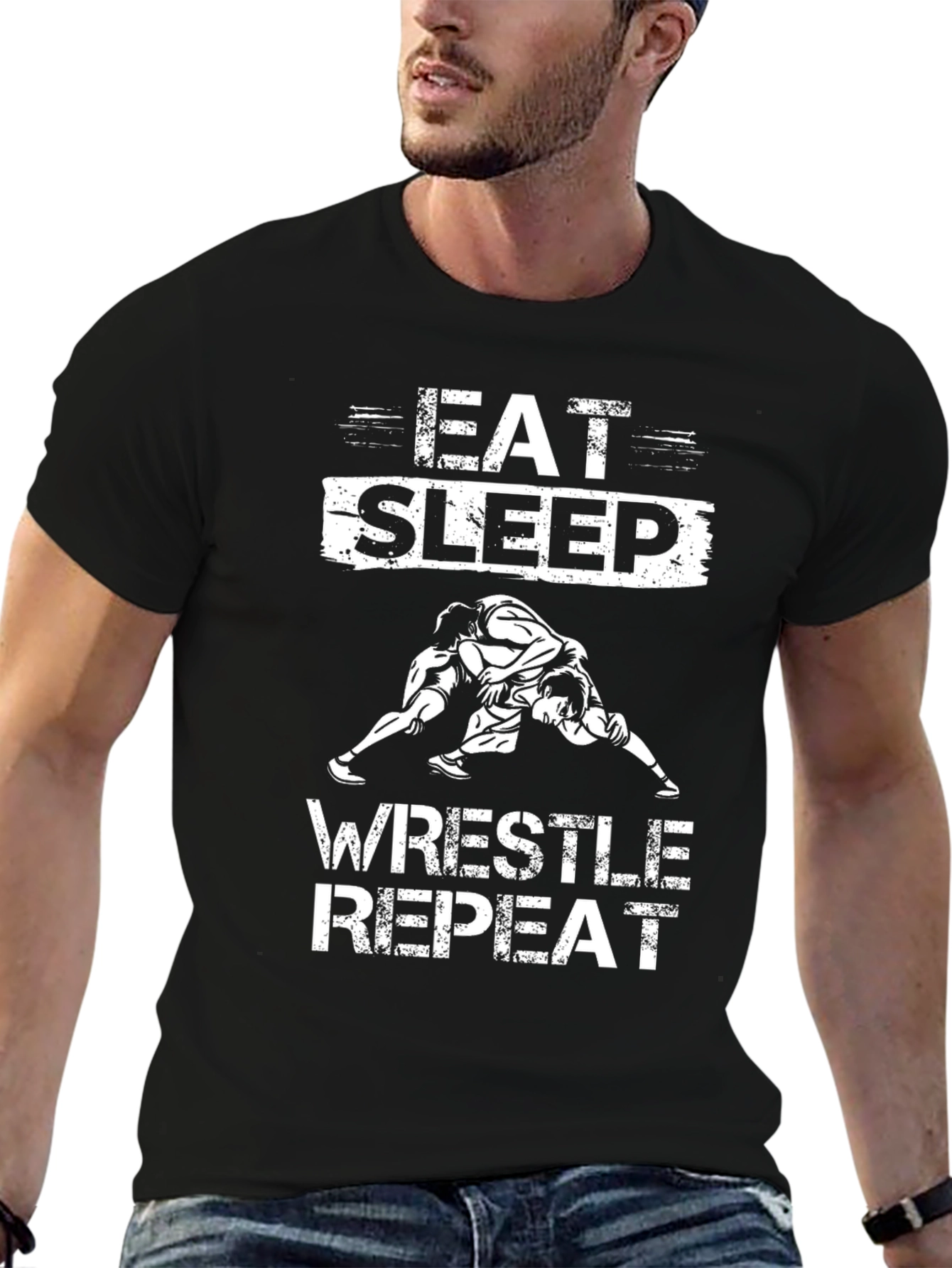 Eat Sleep Wrestle Repeat Black Graphic T-Shirt