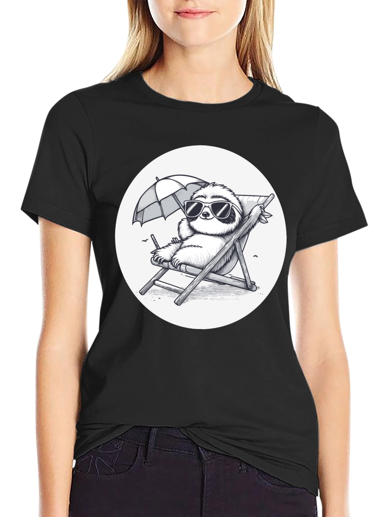 Sloth Beach T-Shirt - Relaxed Cartoon Design