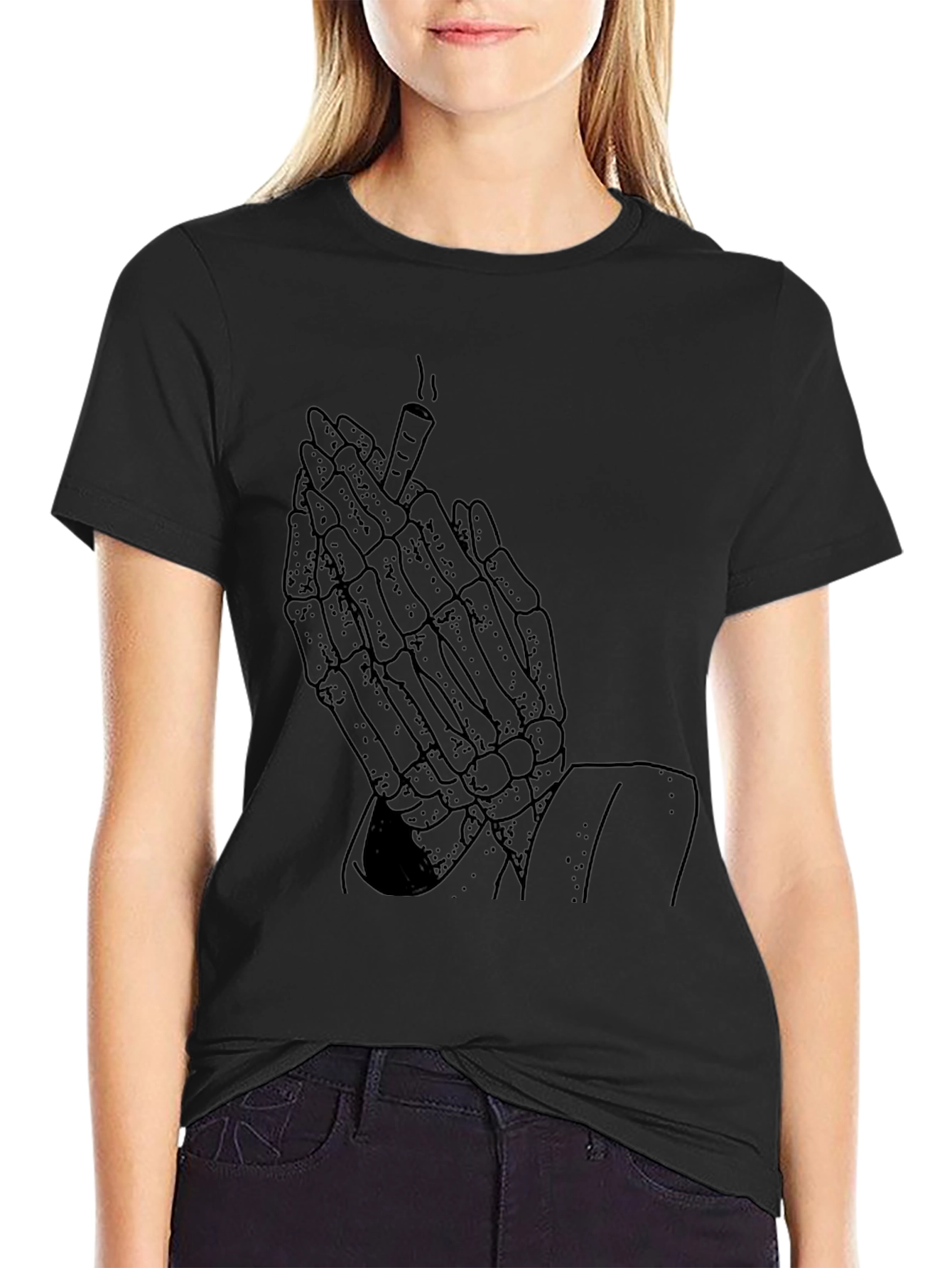 Skeleton Hands Smoking Graphic Tee - Black