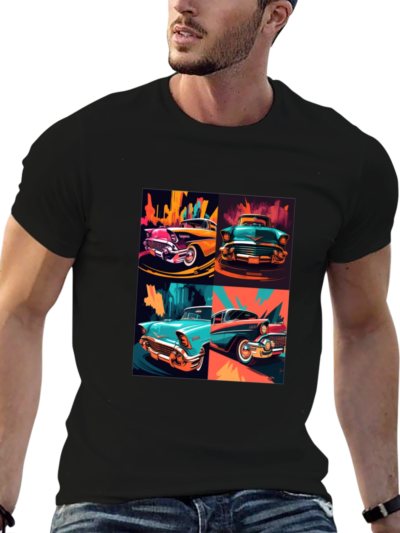 Retro Car Collage Black T-Shirt